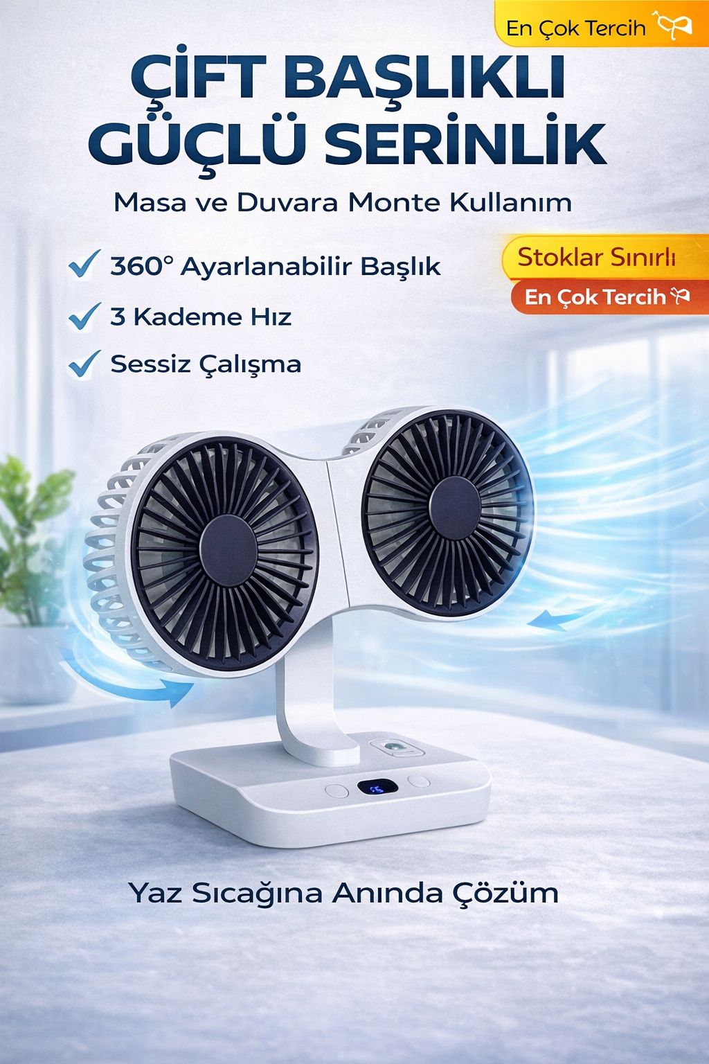 Masaüstü Vantilatör 360° Döner Çift Başlıklı USB Şarjlı Sessiz Mini Fan