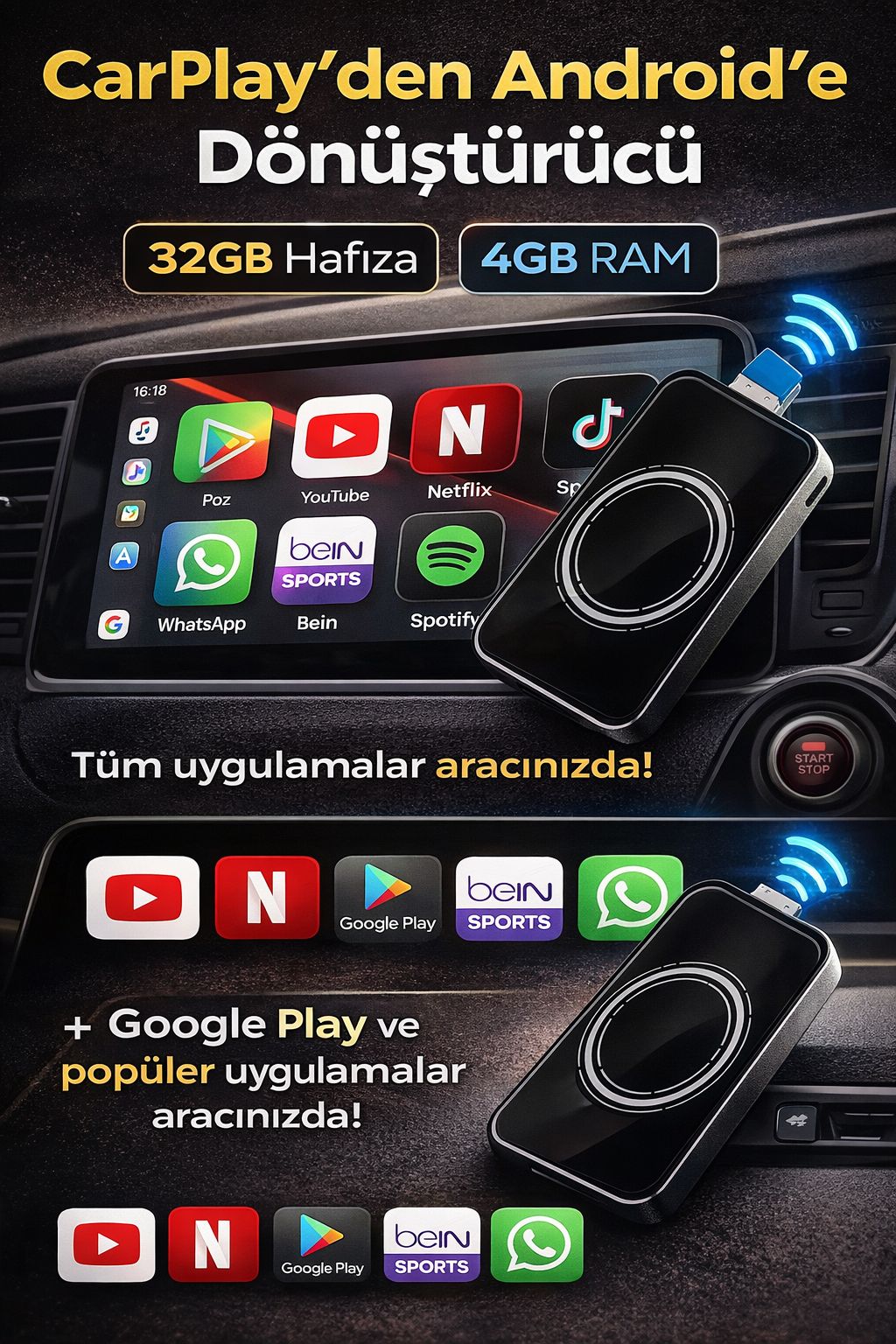 CarPlay Android Dönüştürücü 32GB 4GB RAM Araç Multimedya Box YouTube Netflix