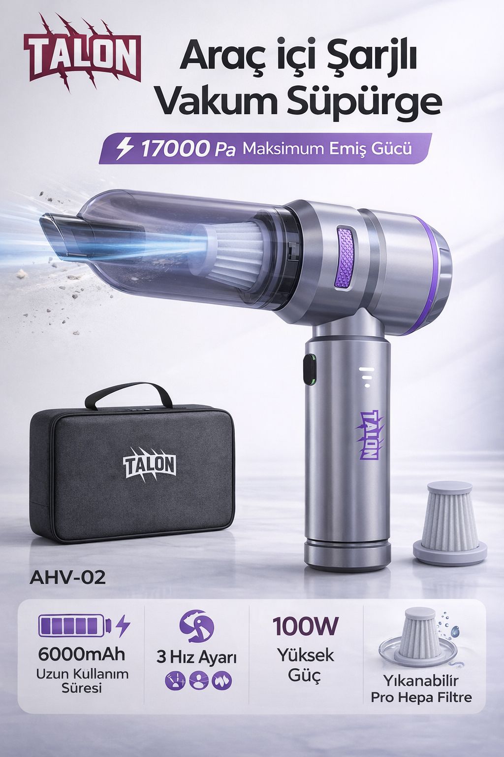 Şarjlı Araç Süpürgesi 17000Pa Kablosuz El Süpürgesi Güçlü Vakum 6000mAh Hepa Filtre