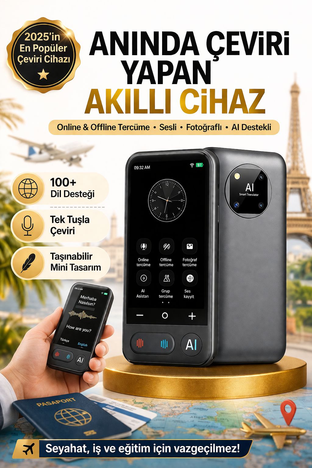 Sesli Çeviri Cihazı Anlık Tercüman AI Translator Çok Dilli Taşınabilir Çevirmen