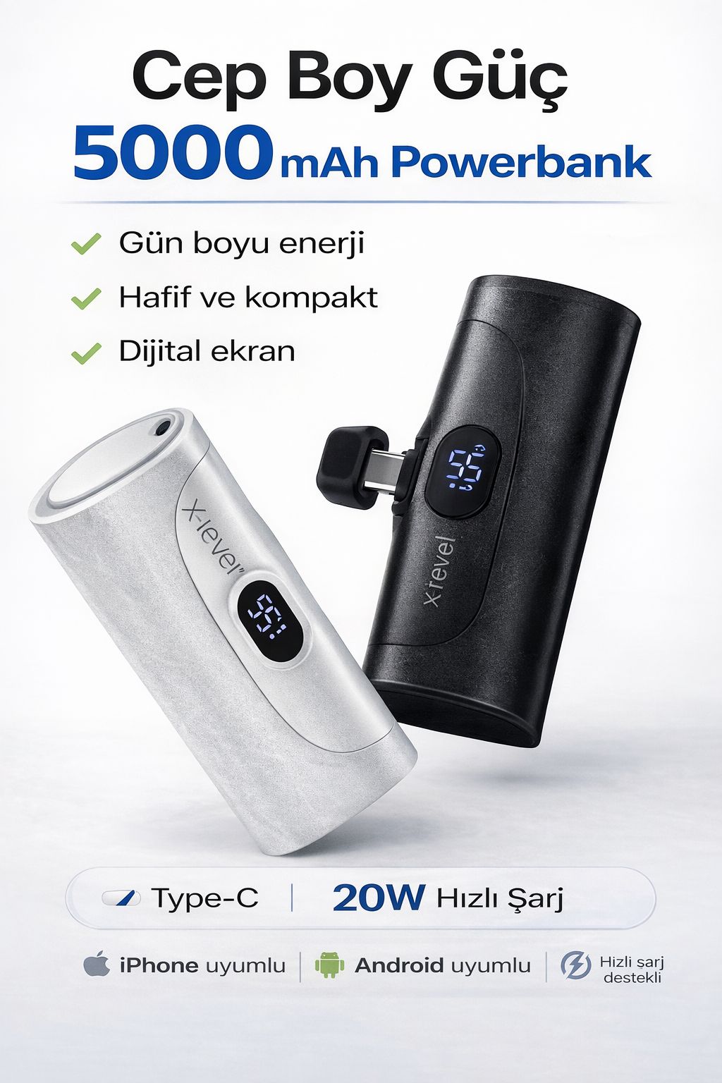 5000 mAh Powerbank Cep Boy 20W Hızlı Şarj Type-C Dijital Ekran Taşınabilir