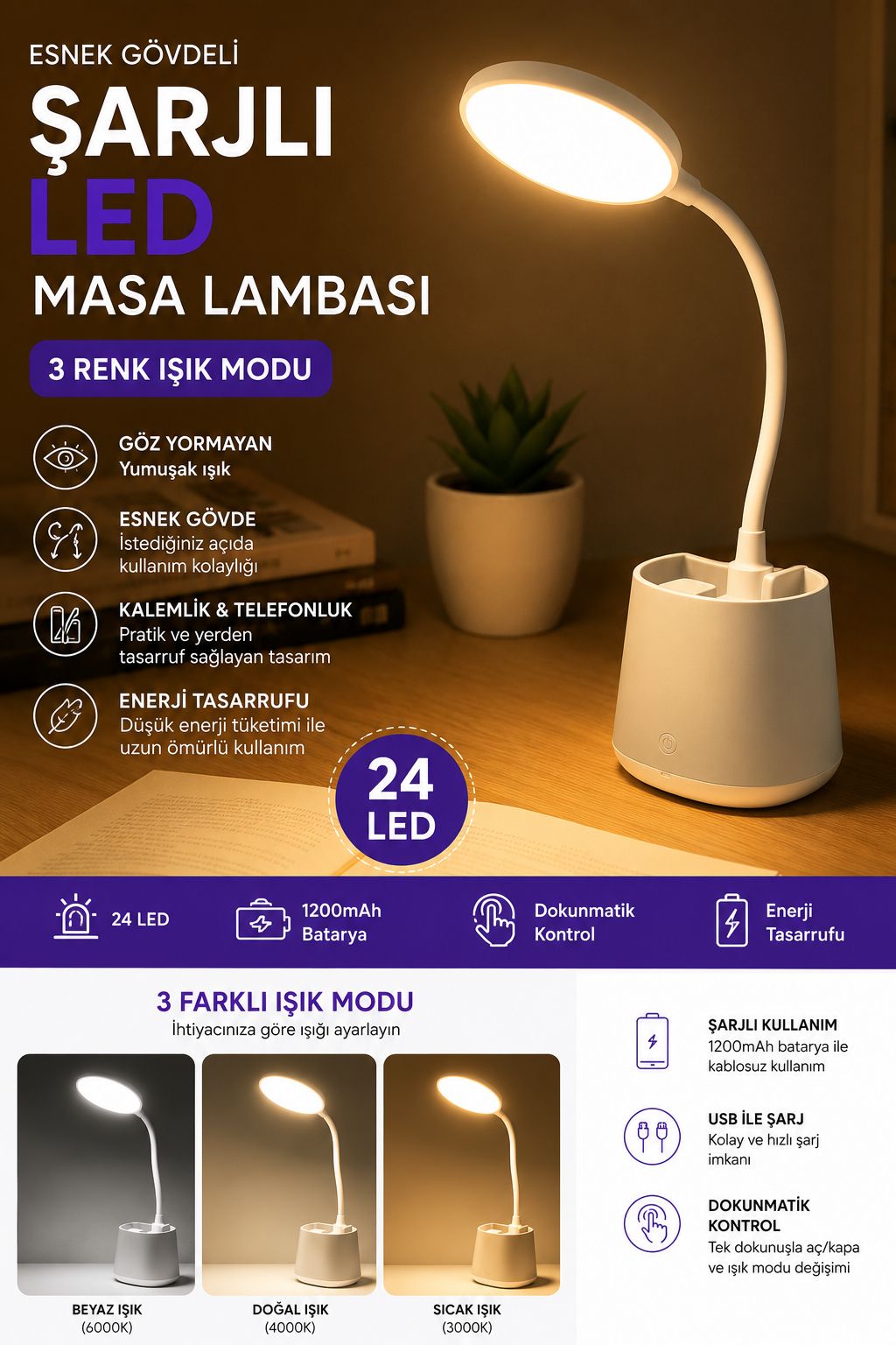 Şarjlı LED Masa Lambası Dokunmatik 3 Renk Modlu Kalemlikli Gece Lambası