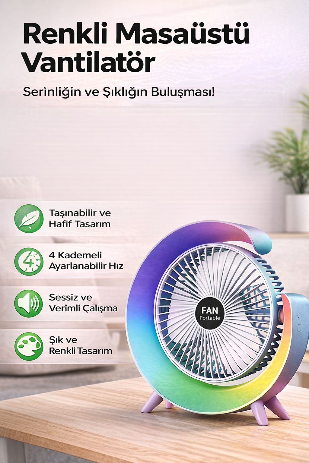 Renkli Masaüstü Vantilatör USB Şarjlı Mini Fan 4 Kademeli Sessiz Taşınabilir Fan