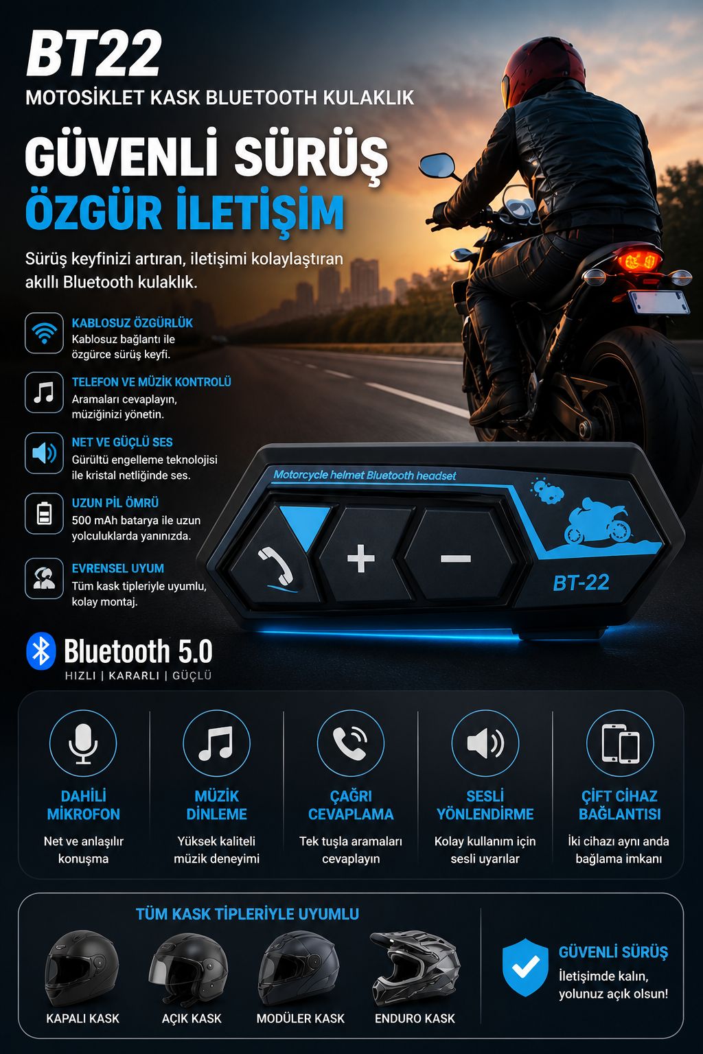 Motosiklet Kask Bluetooth Kulaklık Intercom Bluetooth 5.0 Kulaklık