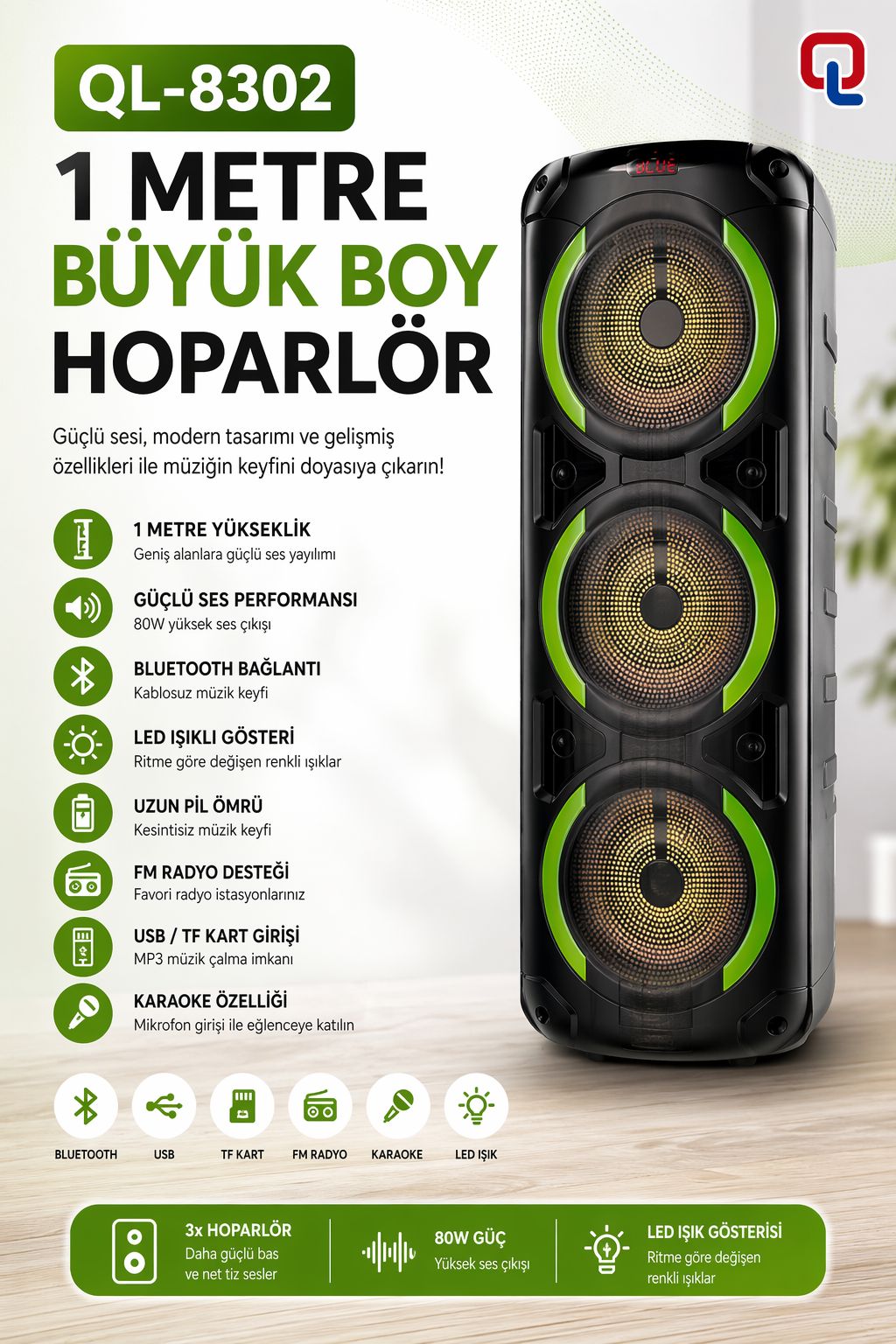 QL-8302 Büyük Boy Bluetooth Hoparlör Güçlü Ses 1 Metre LED Işıklı Karaoke Speaker