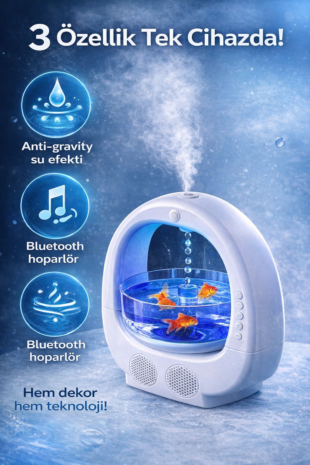 Antigravity Su Efektli Hava Nemlendirici Bluetooth Hoparlör LED Gece Lambası Difüzör