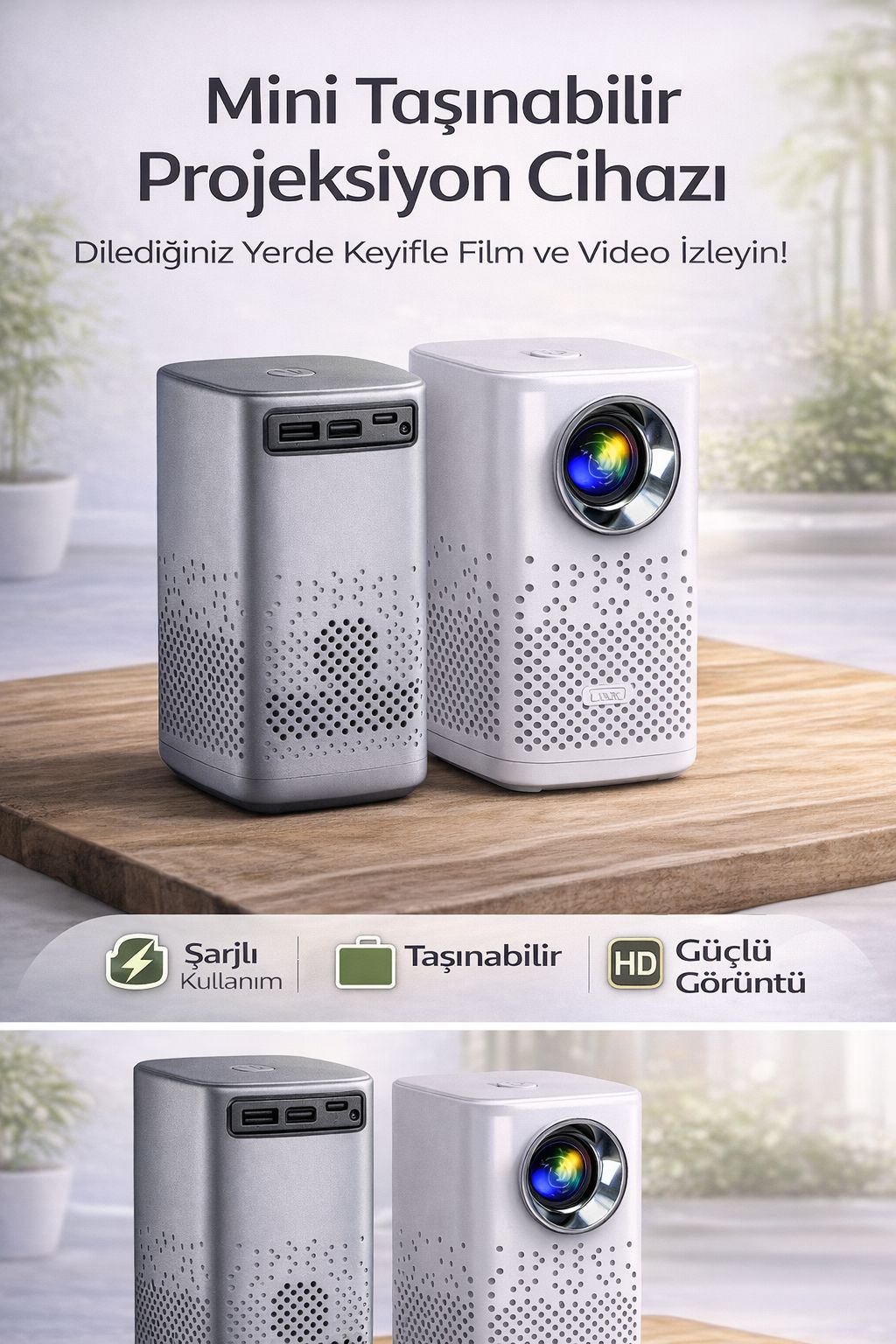 Şarjlı Mini Projeksiyon Cihazı Taşınabilir HD Projektör Kablosuz Ev Sinema Cep
