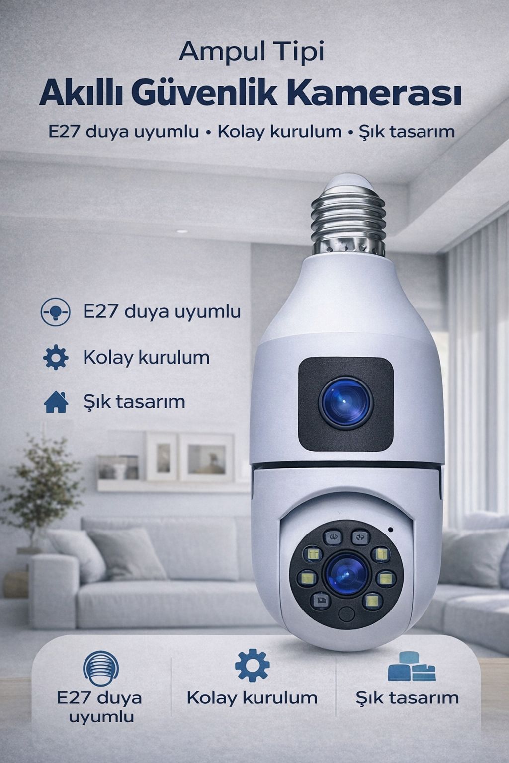 Ampul Tipi Güvenlik Kamerası Wifi E27 360° Gece Görüşlü Hareket Sensörlü Kamera