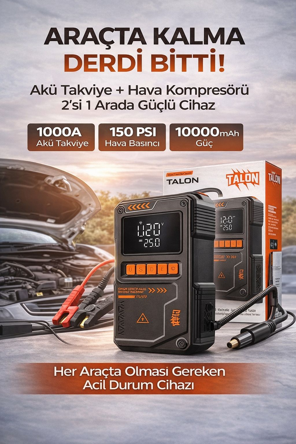 Akü Takviye Cihazı 1000A + Hava Kompresörü 150 PSI 10000mAh Taşınabilir Powerbank