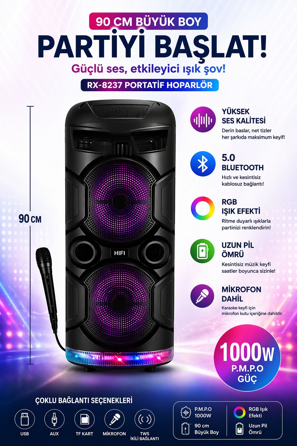 RX-8237 Büyük Boy Bluetooth Hoparlör 90cm Mikrofonlu RGB Işıklı Güçlü Ses Speaker