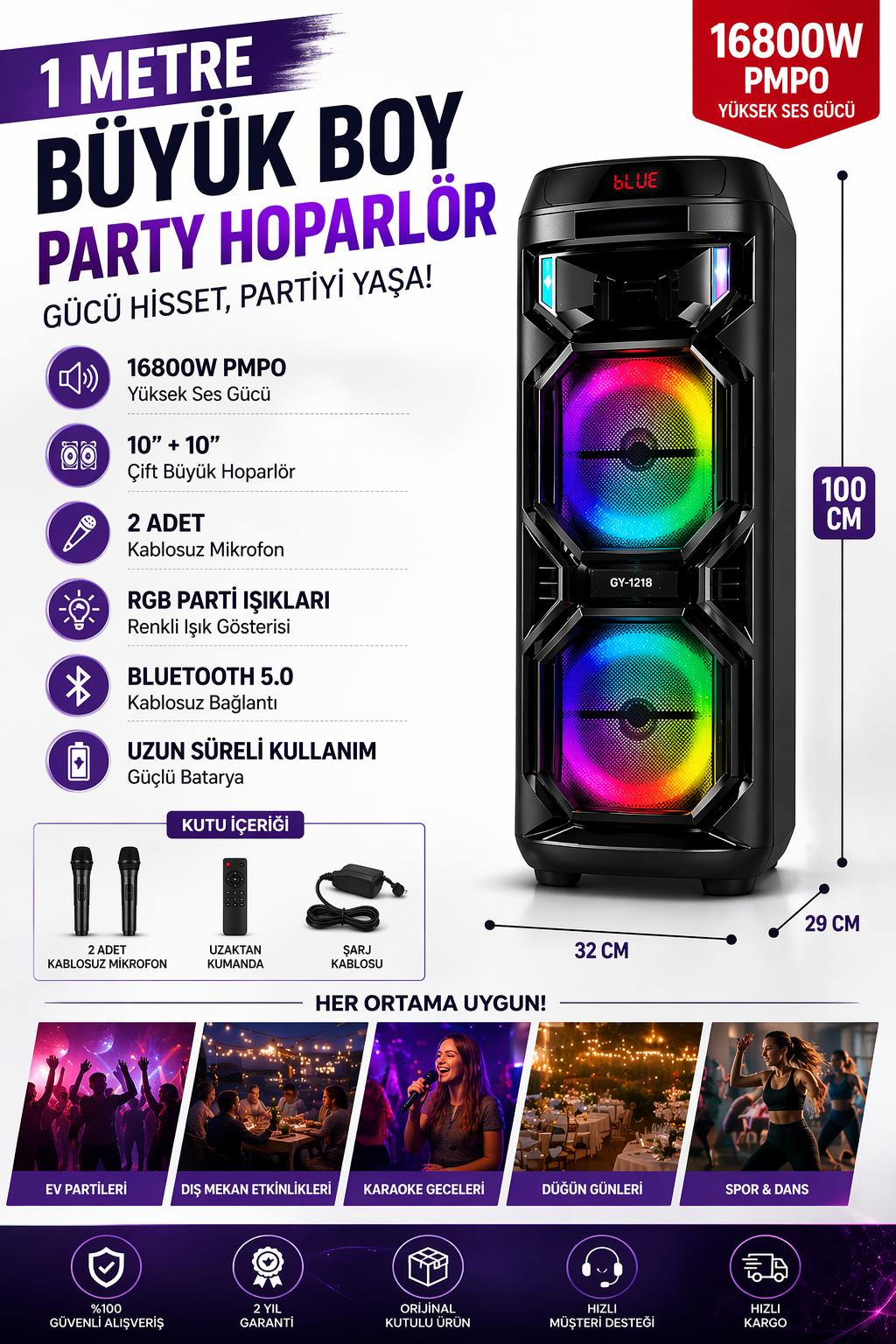 GY-1218 Büyük Boy Party Hoparlör 100cm Bluetooth Mikrofonlu RGB Işıklı Güçlü Ses Speaker