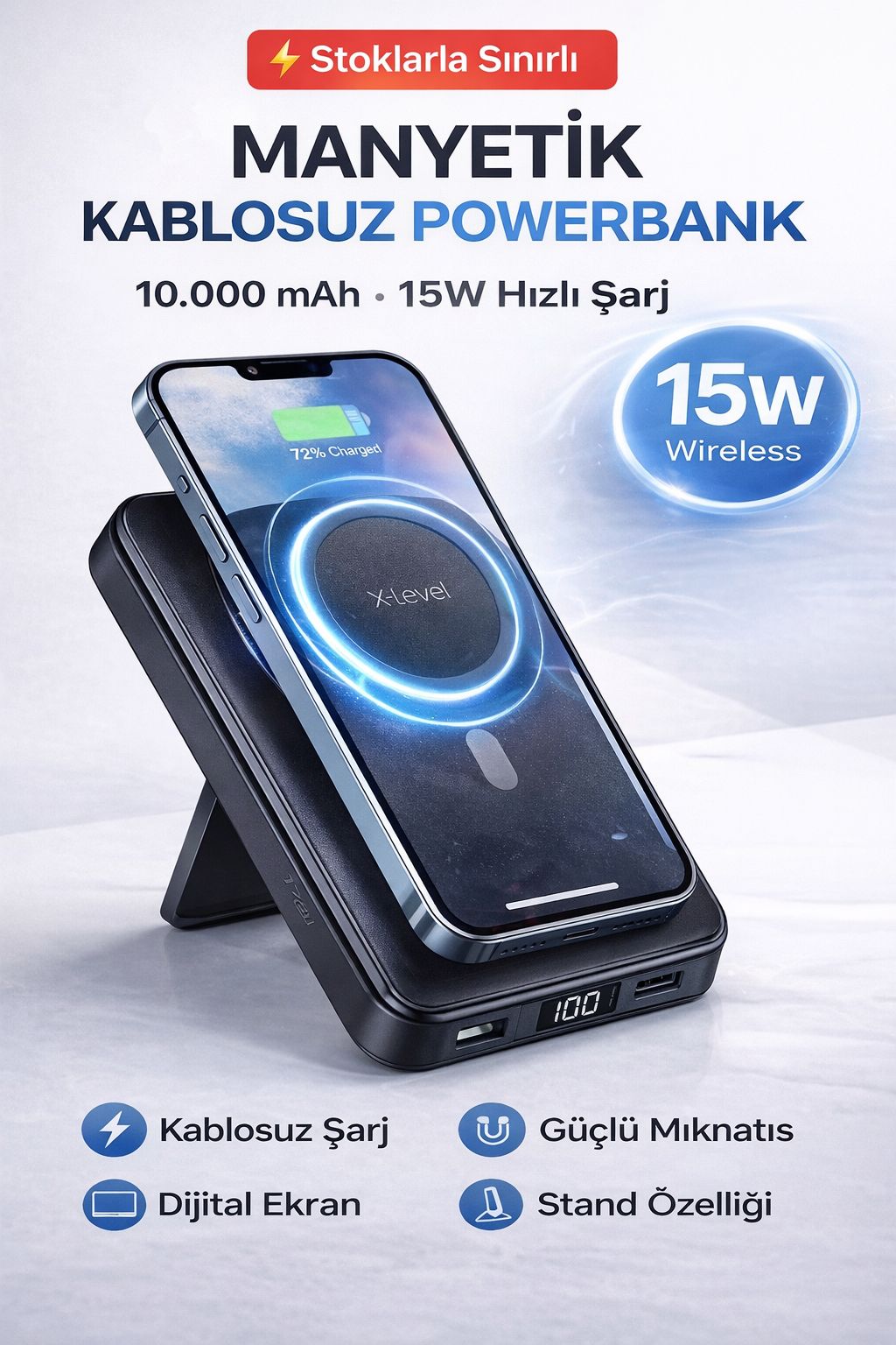 Manyetik Kablosuz Powerbank 10000 mAh 15W Hızlı Şarj Standlı Magsafe Uyumlu
