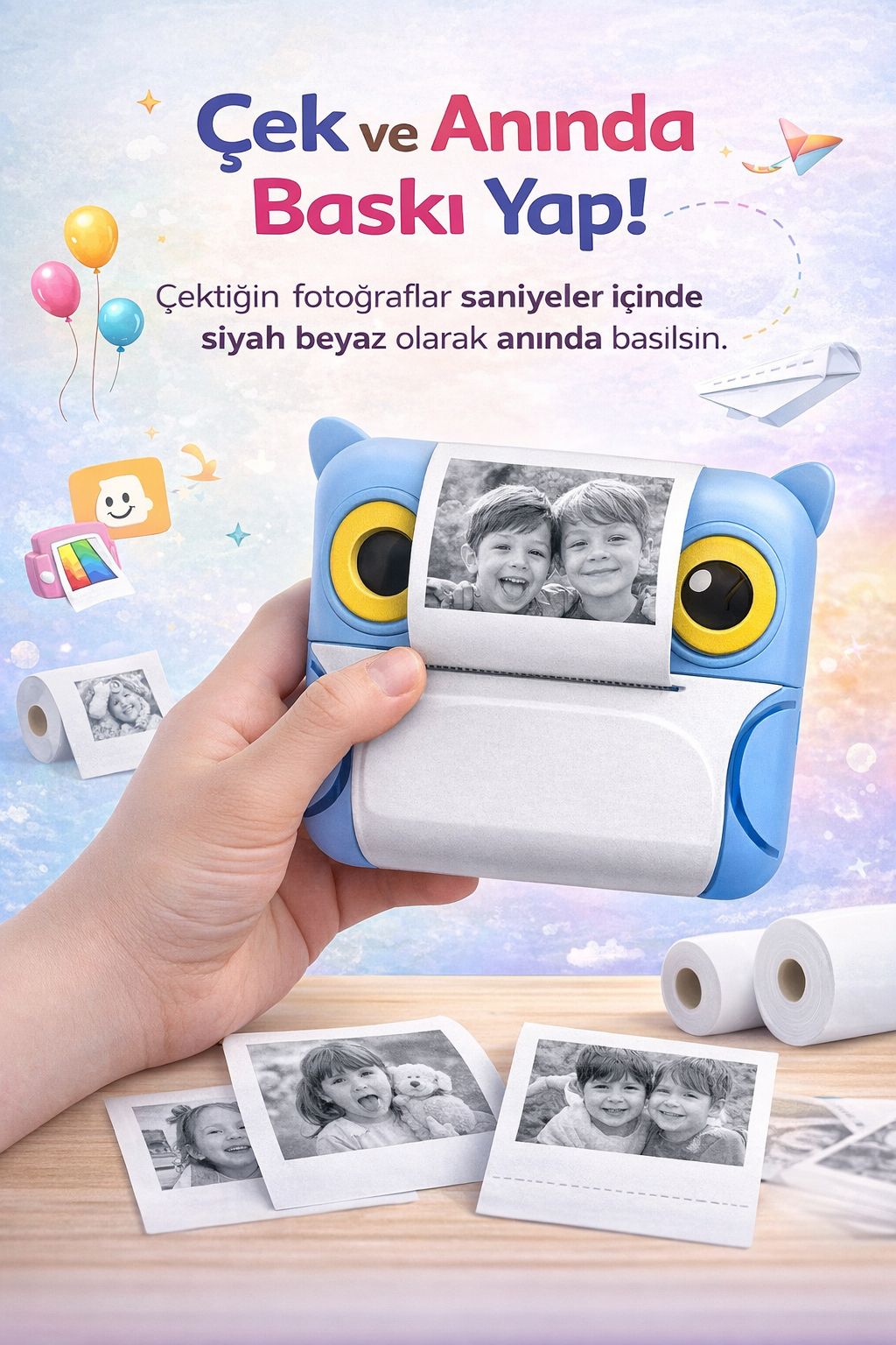 Anında Baskı Yapan Çocuk Fotoğraf Makinesi Termal Yazıcı Kameralı Oyuncak