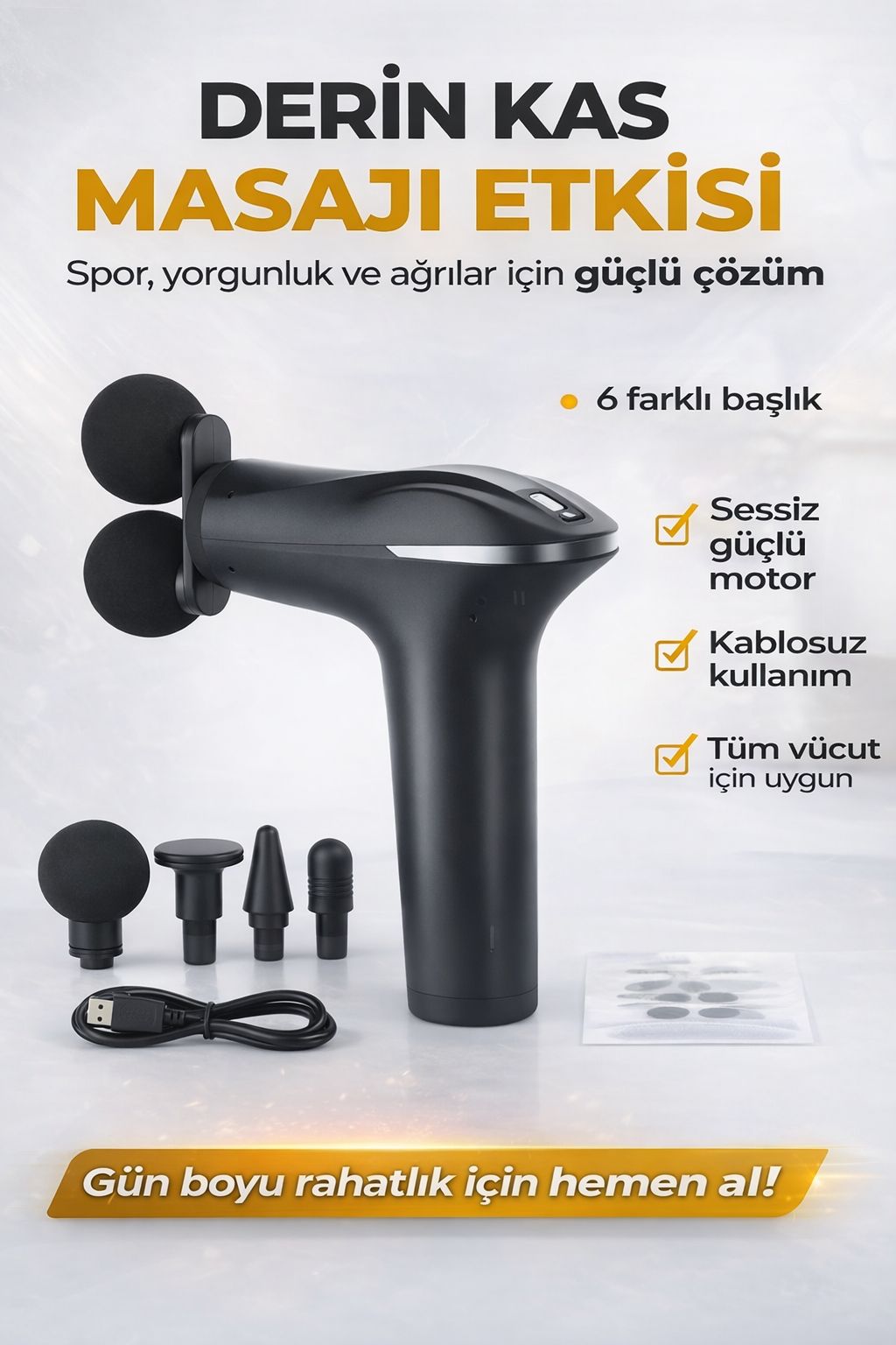 Derin Doku Masaj Tabancası Kablosuz Sessiz Kas Gevşetici Spor Masaj Aleti 6 Başlıklı
