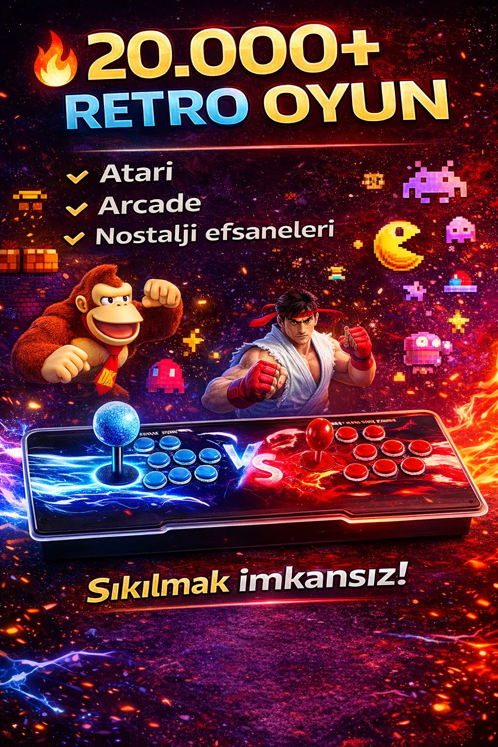 20.000 Oyunlu Retro Atari Oyun Konsolu HDMI Arcade Çift Kollu Nostalji Oyun Makinesi