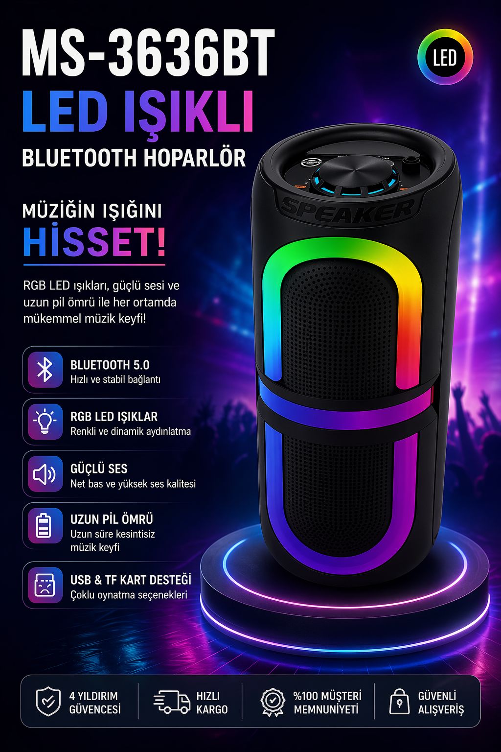 MS-3636BT Bluetooth Hoparlör LED Işıklı RGB Taşınabilir Kablosuz Speaker Güçlü Ses