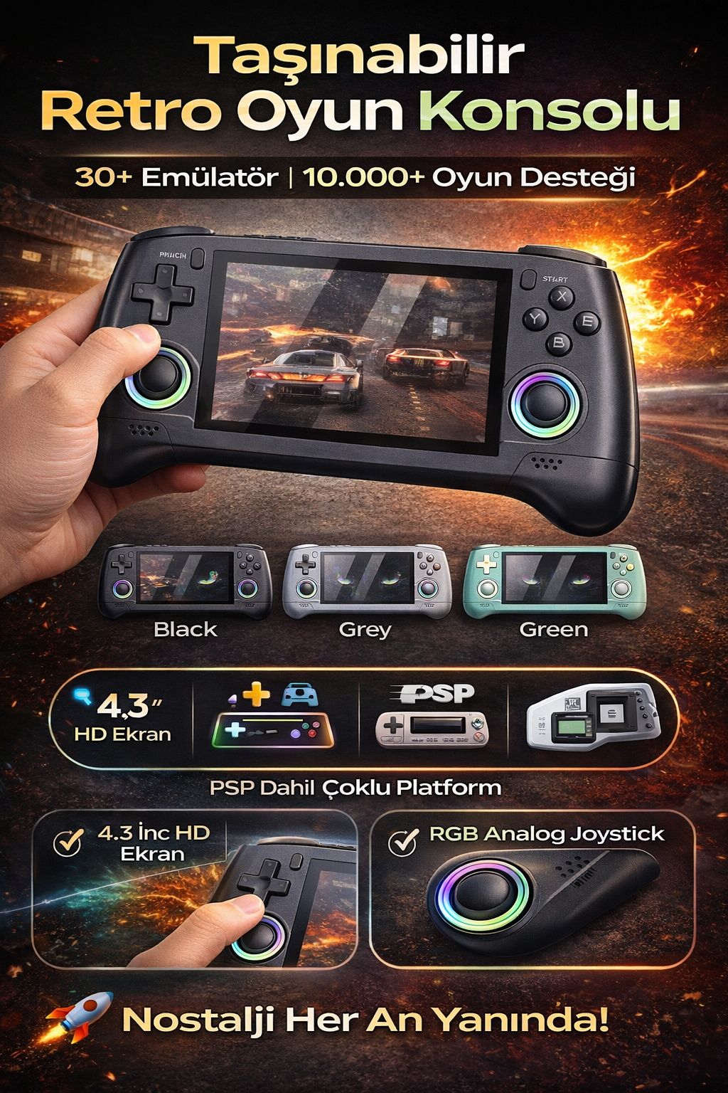 Taşınabilir Retro Oyun Konsolu 10.000 Oyun 4.3 İnç HD Ekran PSP Destekli El Tipi