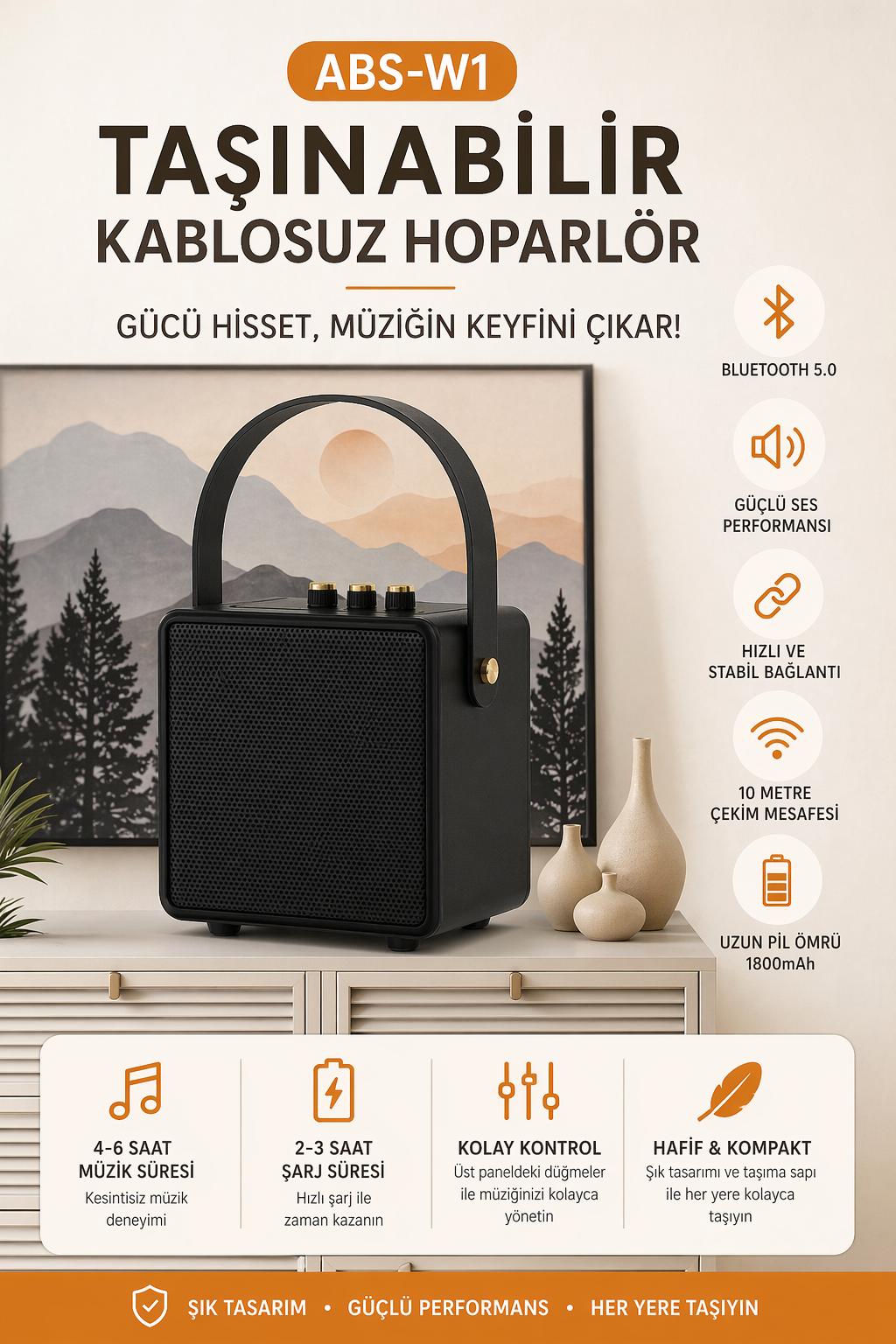 ABS-W1 Bluetooth Hoparlör Taşınabilir Kablosuz Speaker Güçlü Ses Uzun Pil Ömrü