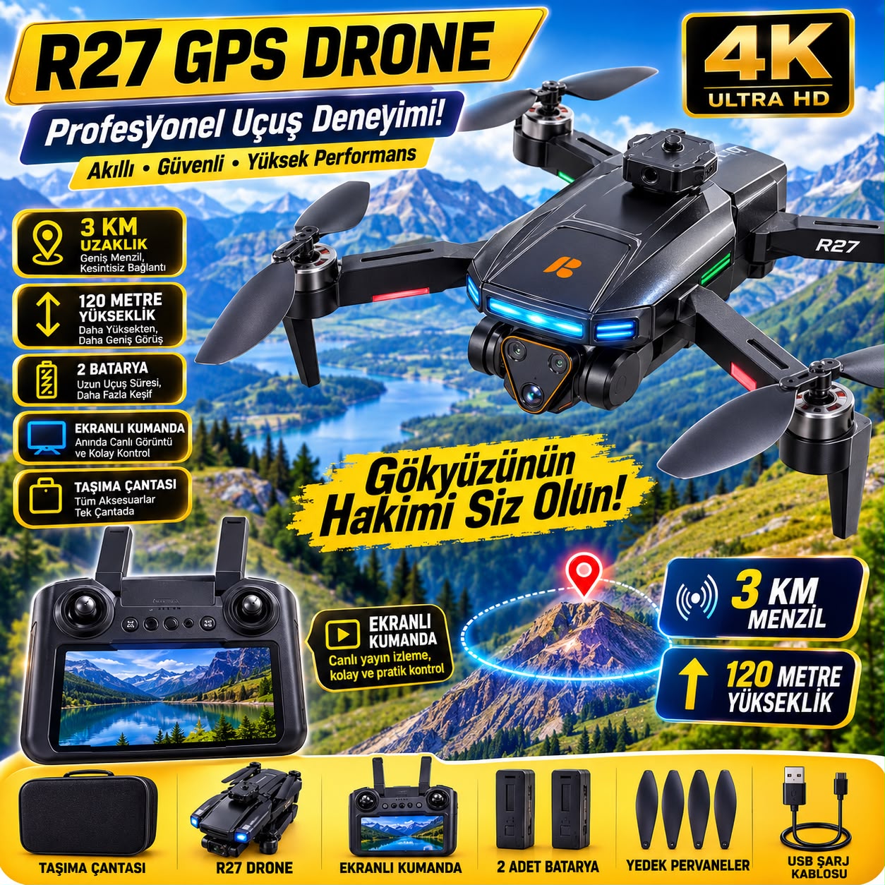 R27 GPS Drone 4K Kameralı 3 KM Menzilli Ekranlı Kumandalı 2 Bataryalı Çantalı