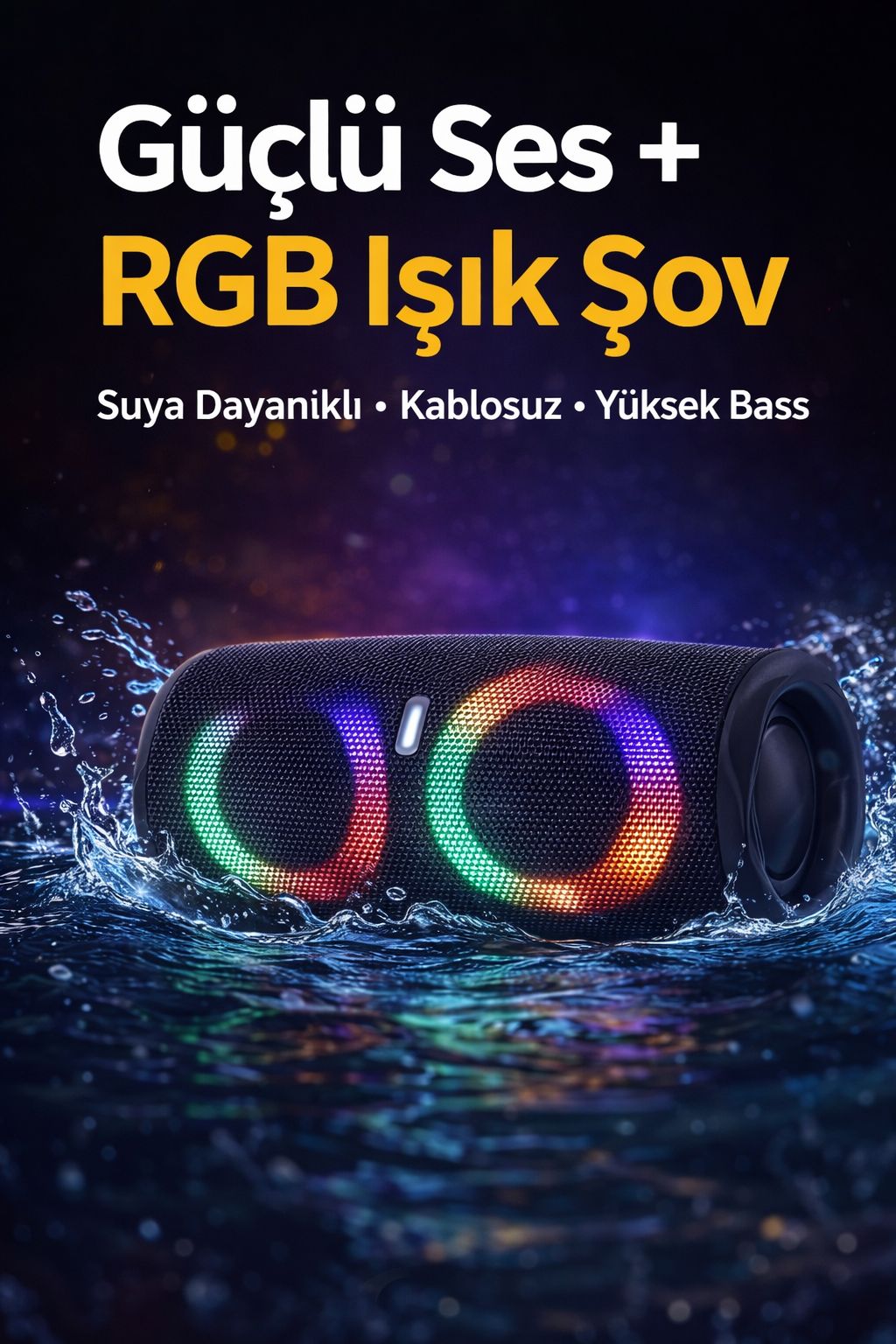 Bluetooth Hoparlör RGB Işıklı Su Geçirmez Kablosuz Yüksek Bass Taşınabilir Speaker