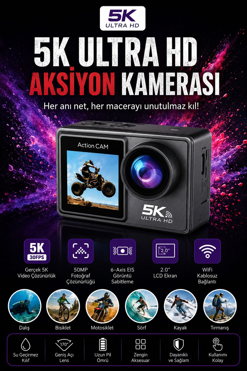 5K Ultra HD Aksiyon Kamerası WiFi 50MP Su Geçirmez Moto Vlog Kamera