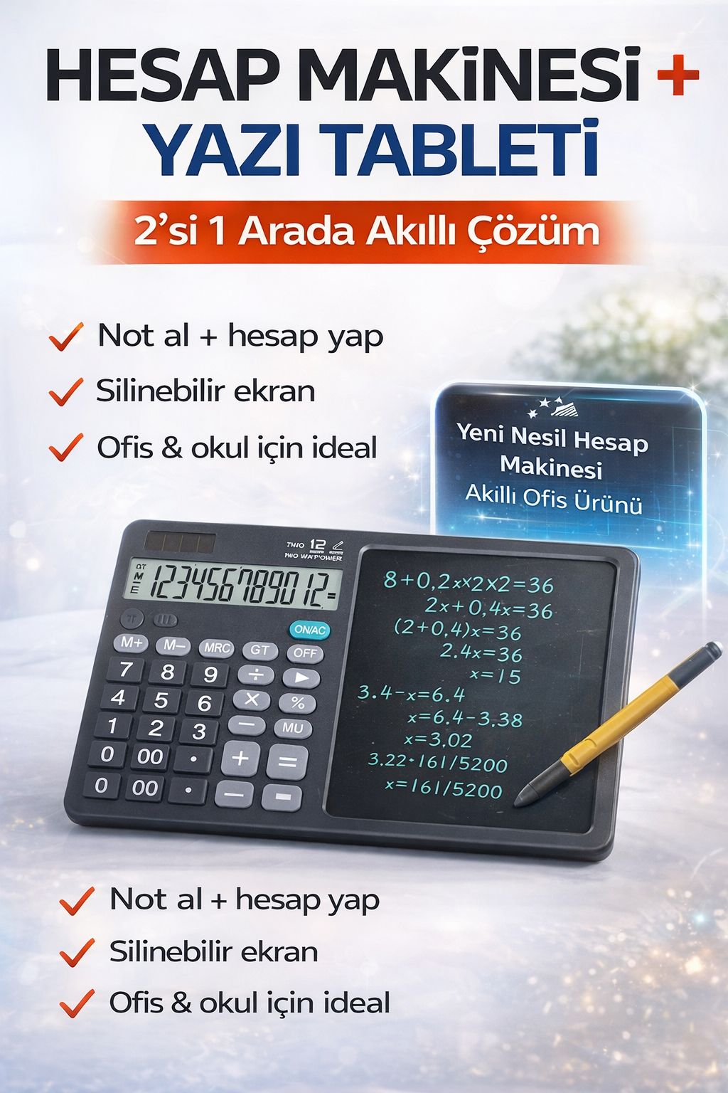Hesap Makinesi Yazı Tableti 2’si 1 Arada Silinebilir LCD Not Defteri Ofis Okul Tablet
