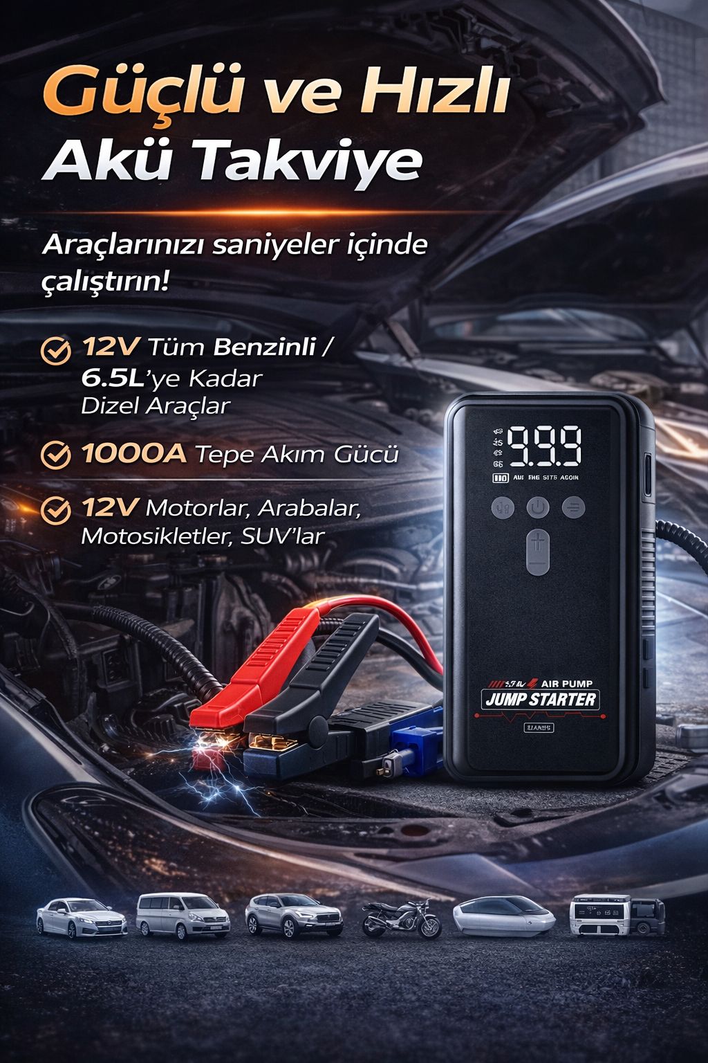 16.000 mAh Akü Takviye Cihazı 1000A Jump Starter 12V Araç Marş Basma Powerbank Kompresör