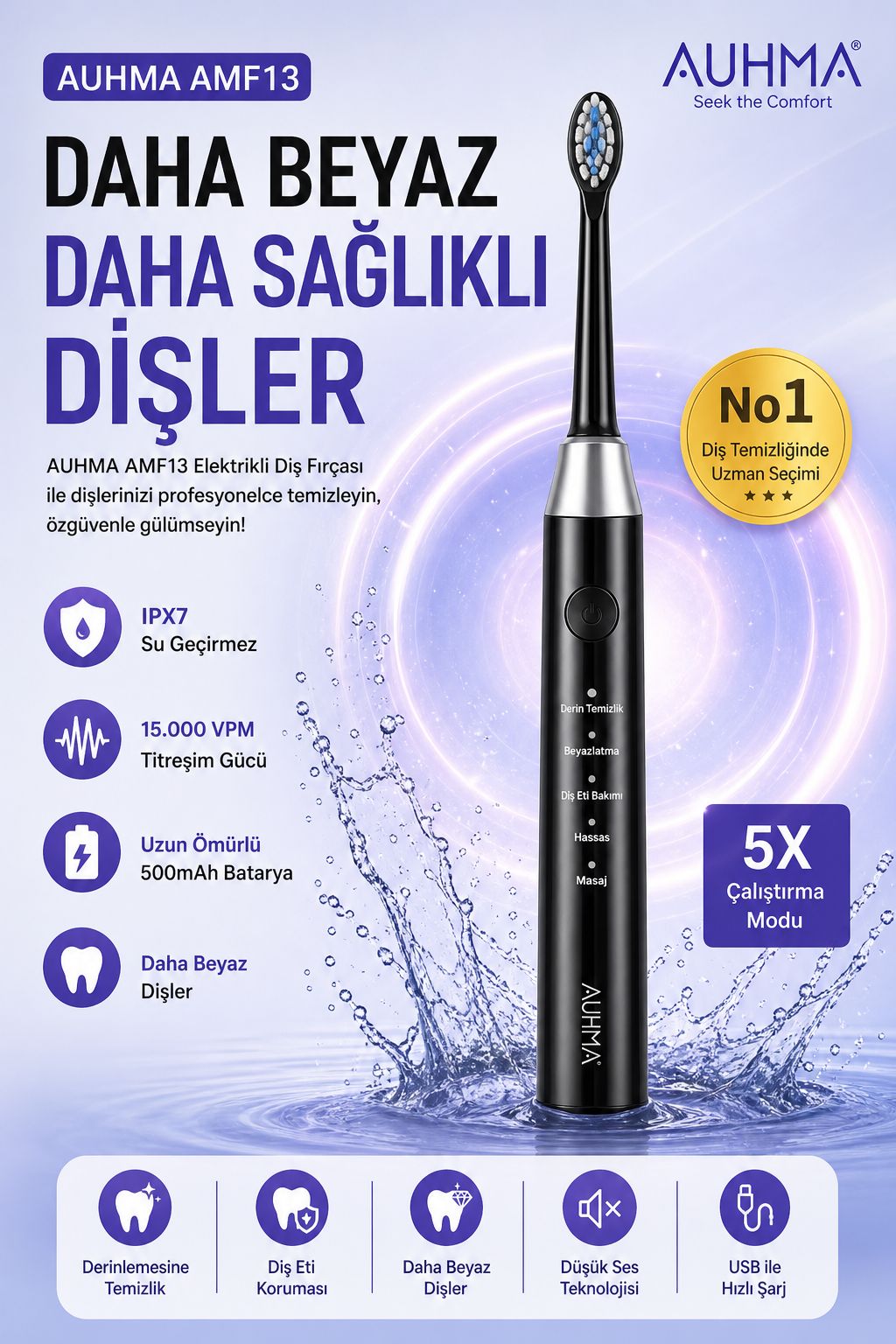 Şarjlı Elektrikli Diş Fırçası IPX7 Su Geçirmez 5 Mod Sonic Diş Fırçası