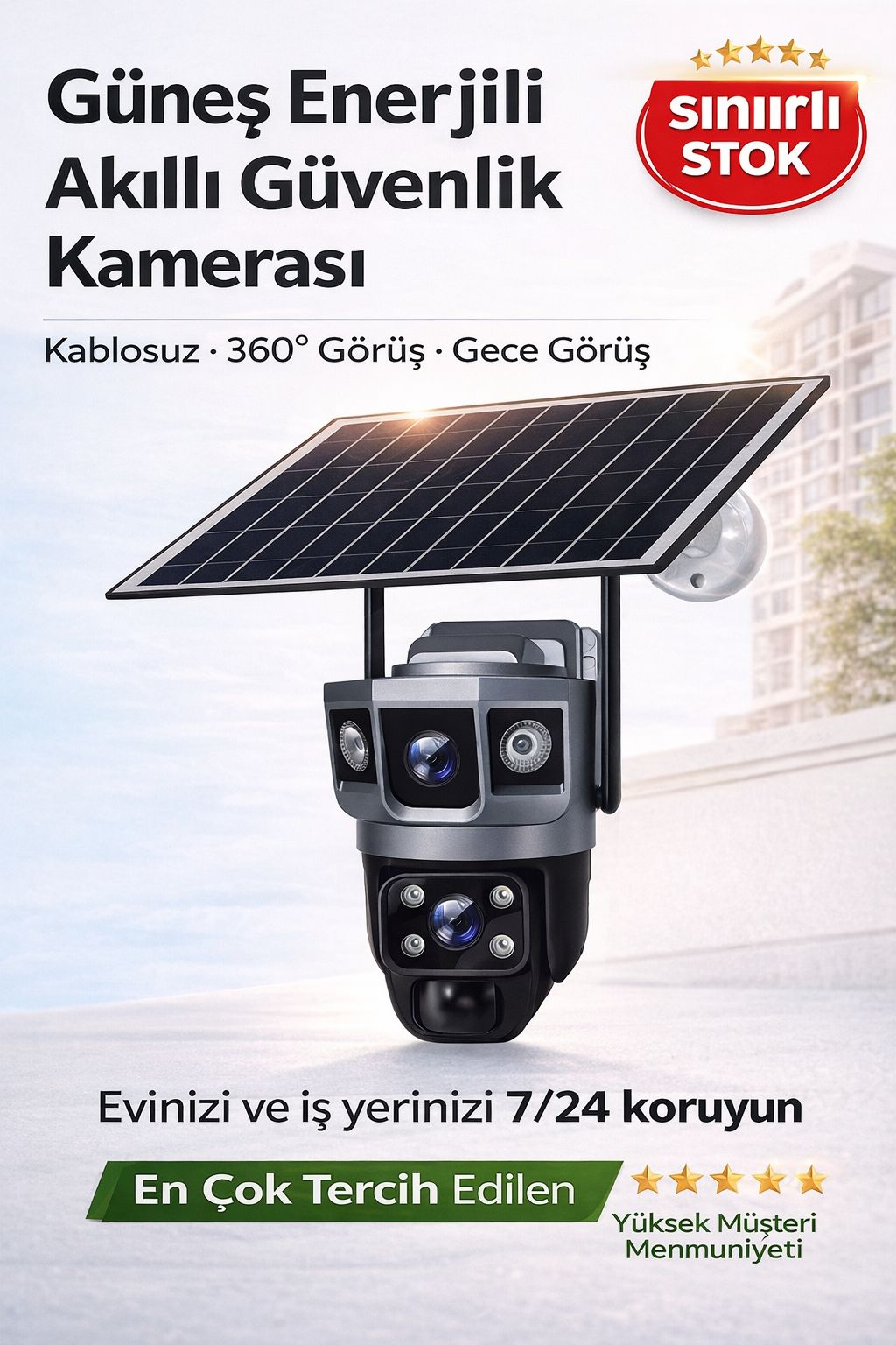 Güneş Enerjili Güvenlik Kamerası 360° Kablosuz WiFi Kamera Gece Görüşlü IP Kamera