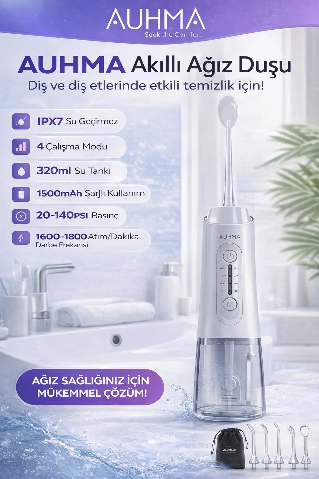 Şarjlı Ağız Duşu 320ml Su Tankı 4 Mod IPX7 Su Geçirmez Diş Temizleme Cihazı