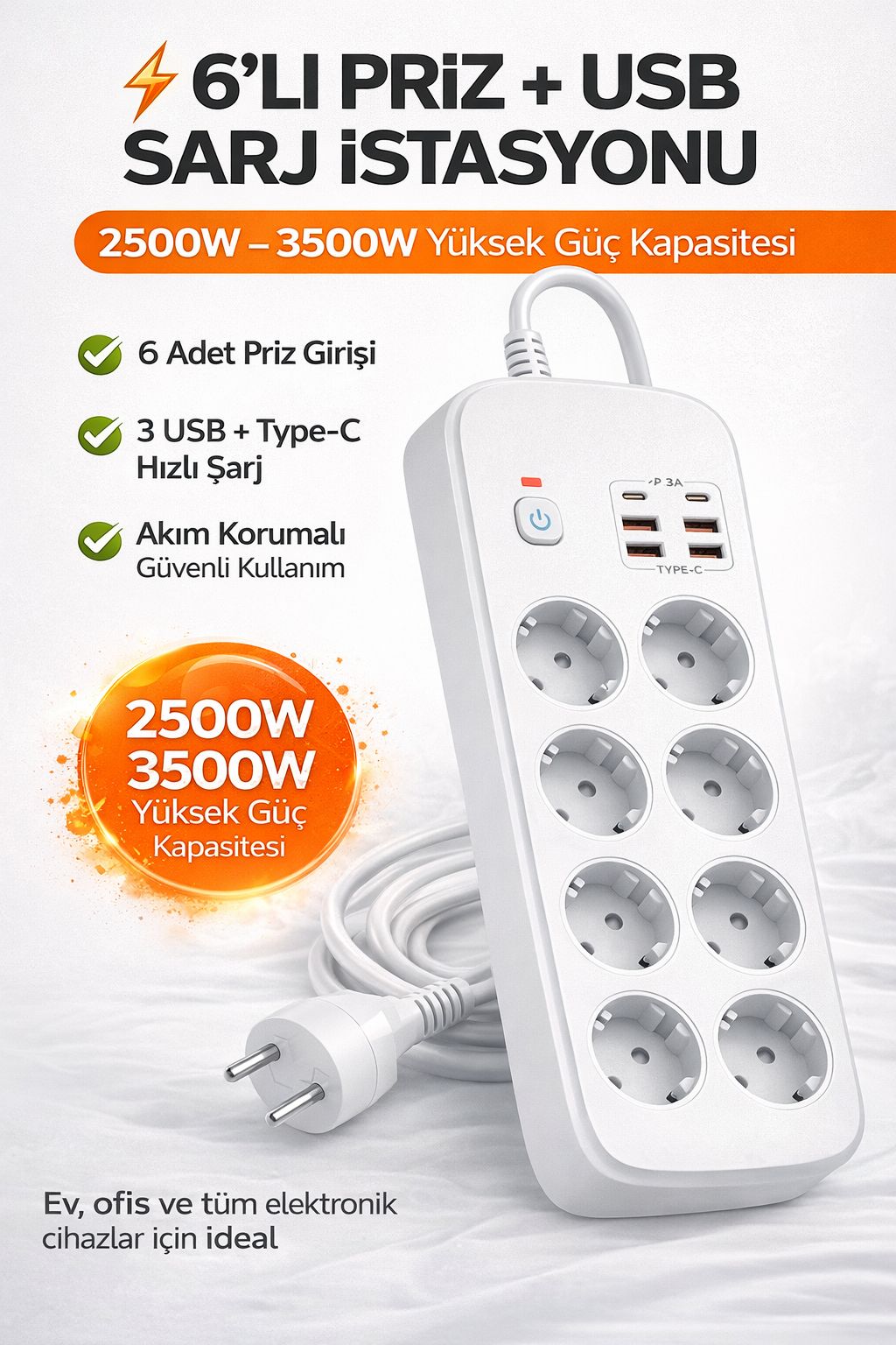 6’lı Priz USB Type-C Şarjlı Uzatma Kablosu 3500W Akım Korumalı Çoklu Priz