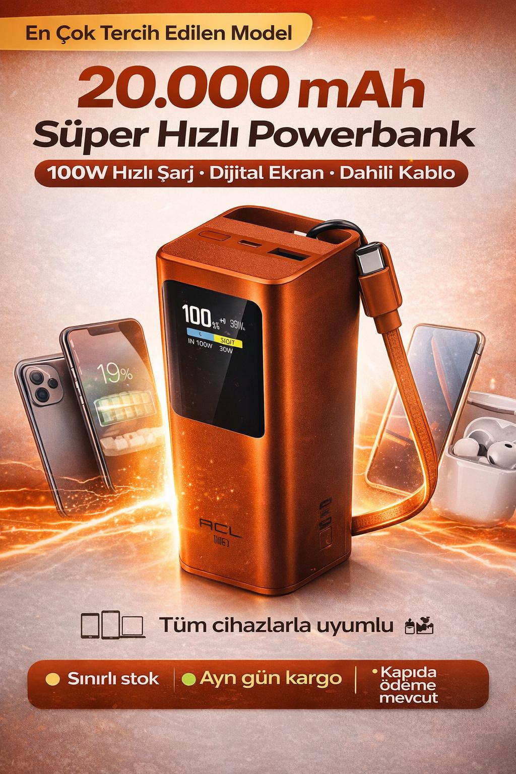 20000mAh Powerbank 100W Hızlı Şarj Dijital Ekran Dahili Kablolu Taşınabilir Şarj Aleti