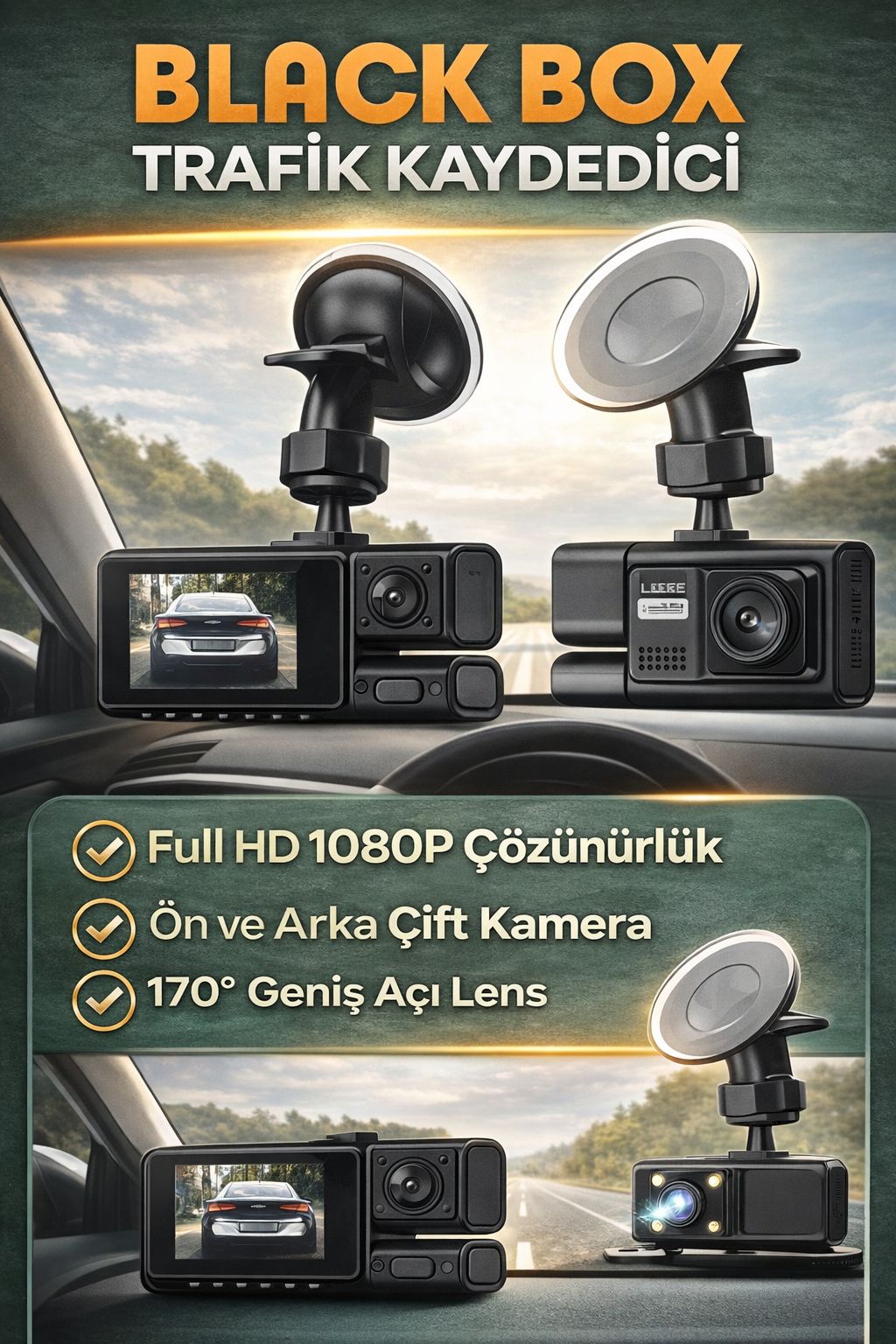 Araç Kamerası Ön Arka Çift Kamera Full HD 1080P 170° Geniş Açı Dashcam Kayıt Cihazı