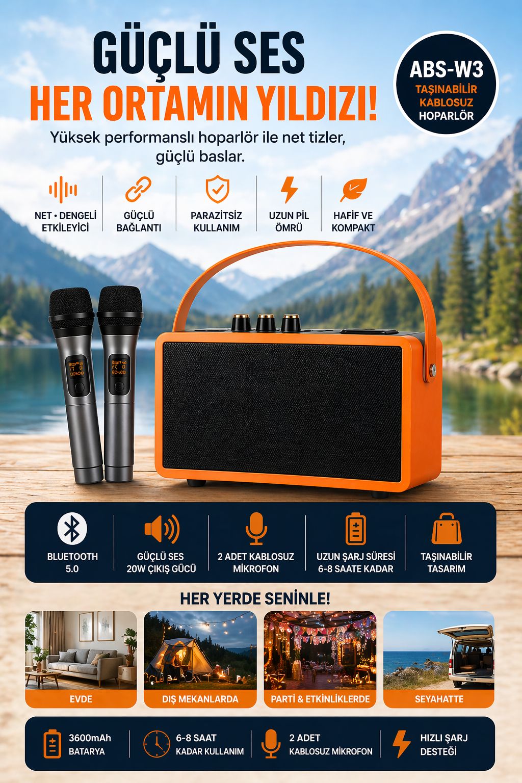 ABS-W3 Bluetooth Hoparlör Mikrofonlu Güçlü Ses Taşınabilir Kablosuz Speaker