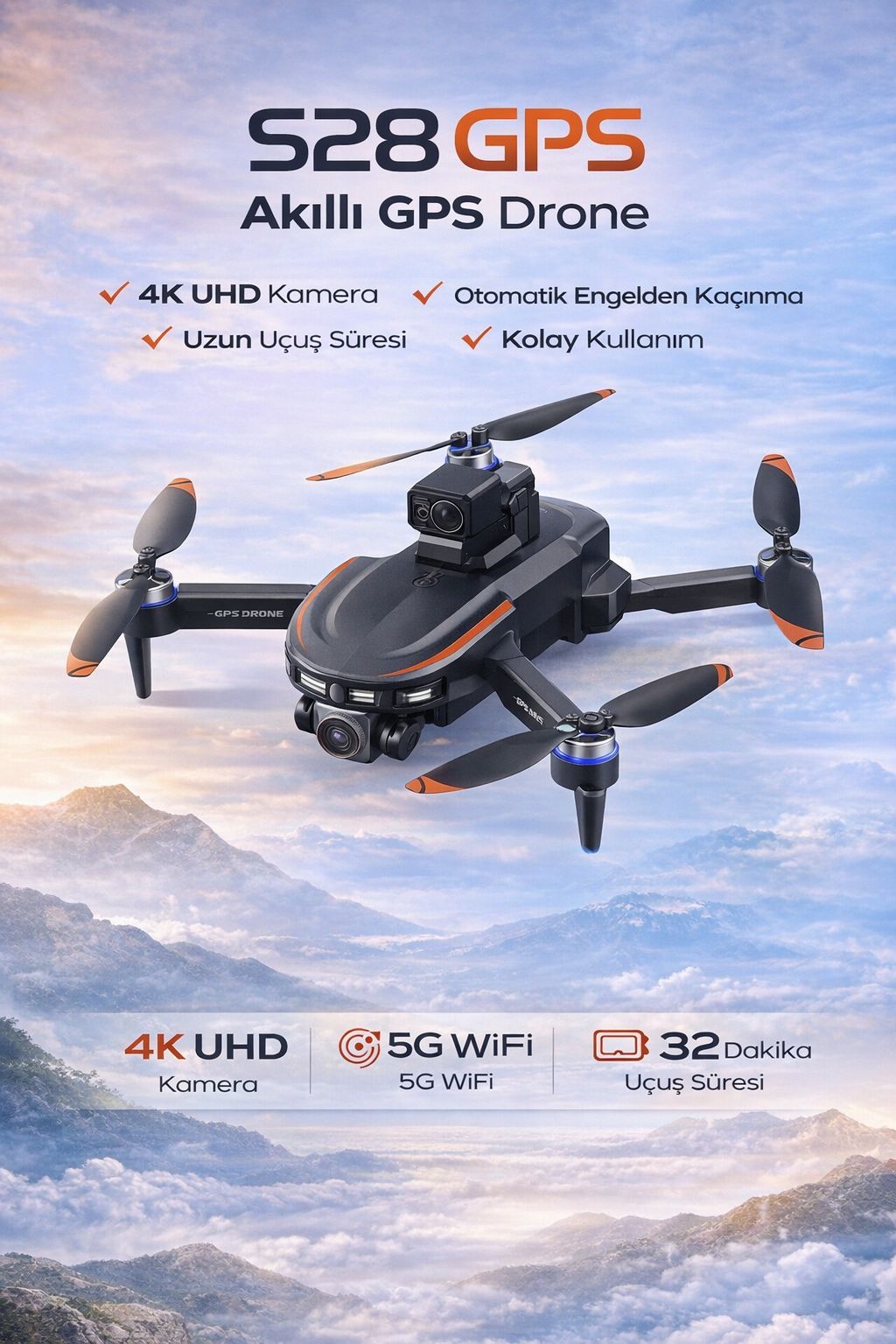 S28 GPS Drone 4K Kamera 5G WiFi 32 DK Uçuş Akıllı Takip Engelden Kaçınma