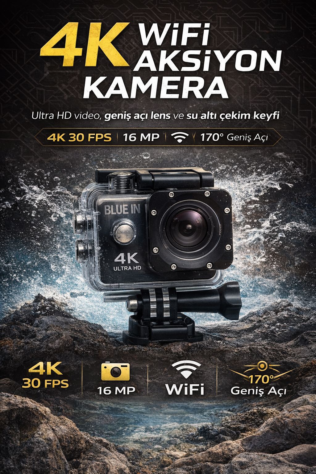 4K Aksiyon Kamera Wifi 30FPS 16MP 170° Geniş Açı Su Geçirmez Spor Kamera