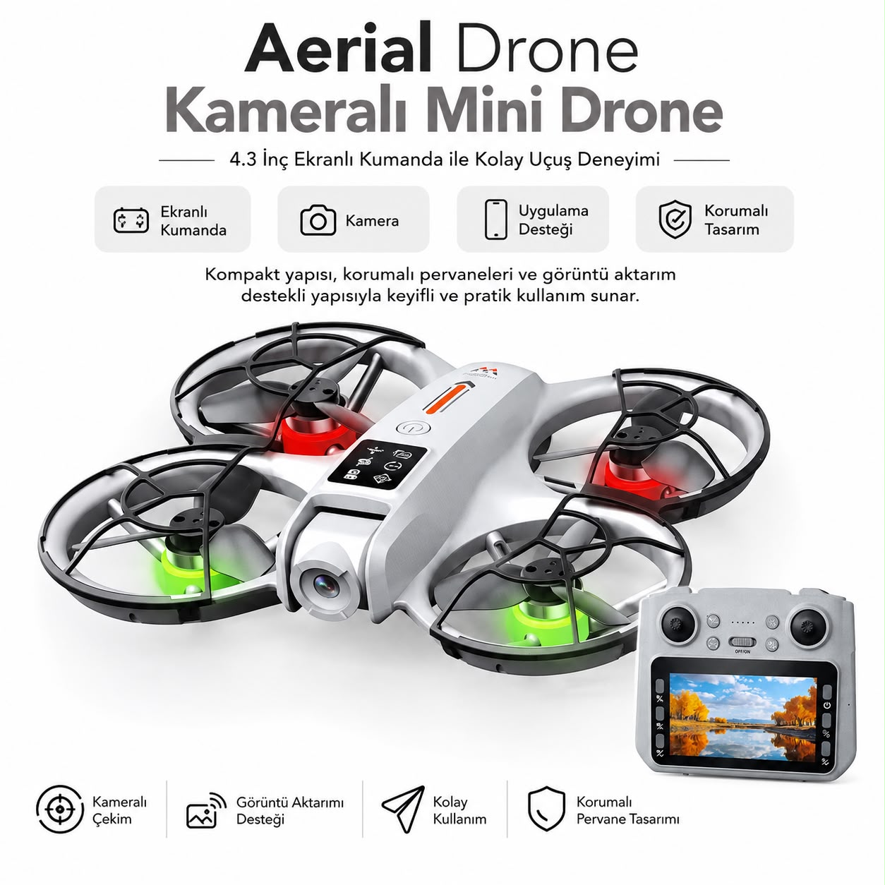 Aerial Mini Drone 1080P HD Kameralı 4.3 İnç Ekranlı Kumanda FPV Canlı Görüntü Aktarımlı