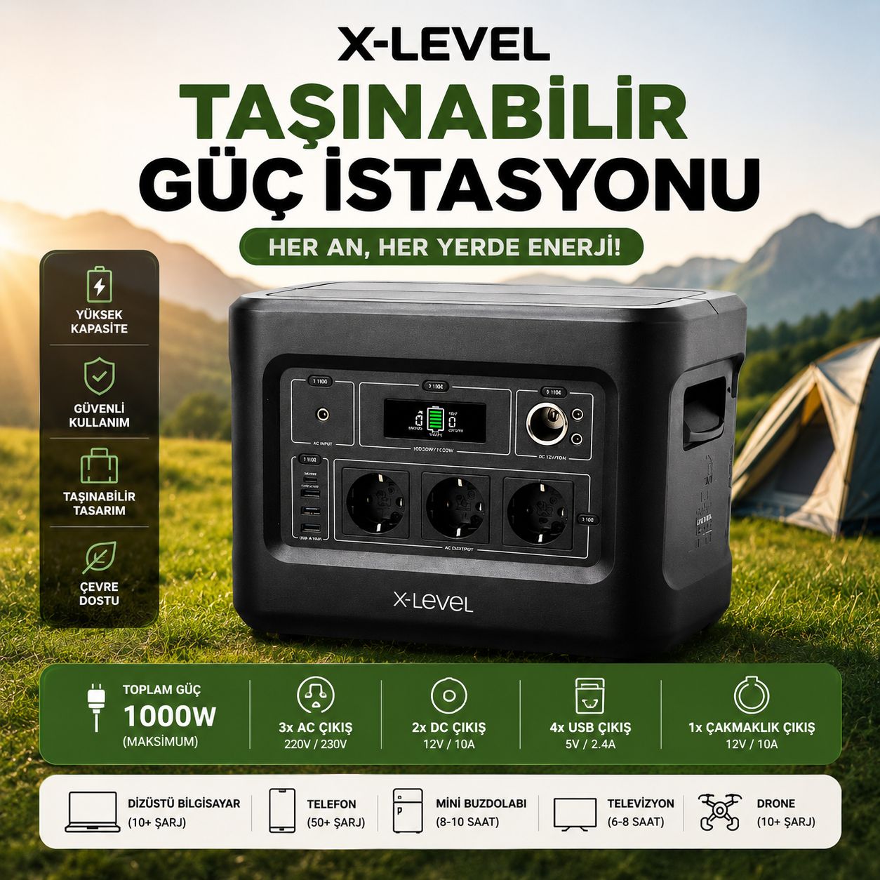 1024Wh Taşınabilir Güç İstasyonu LiFePO4 Batarya Power Station Kamp Karavan UPS Jenaratör