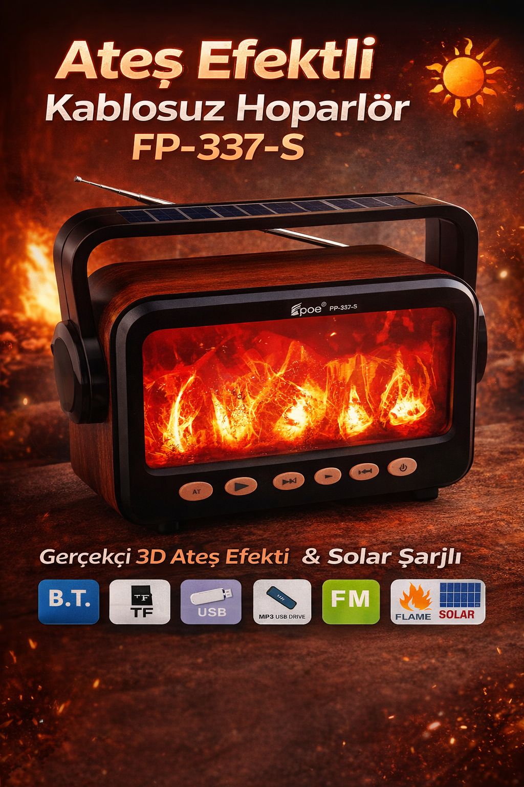 Ateş Efektli Bluetooth Hoparlör Solar Şarjlı Kablosuz Speaker FM USB TF Destekli