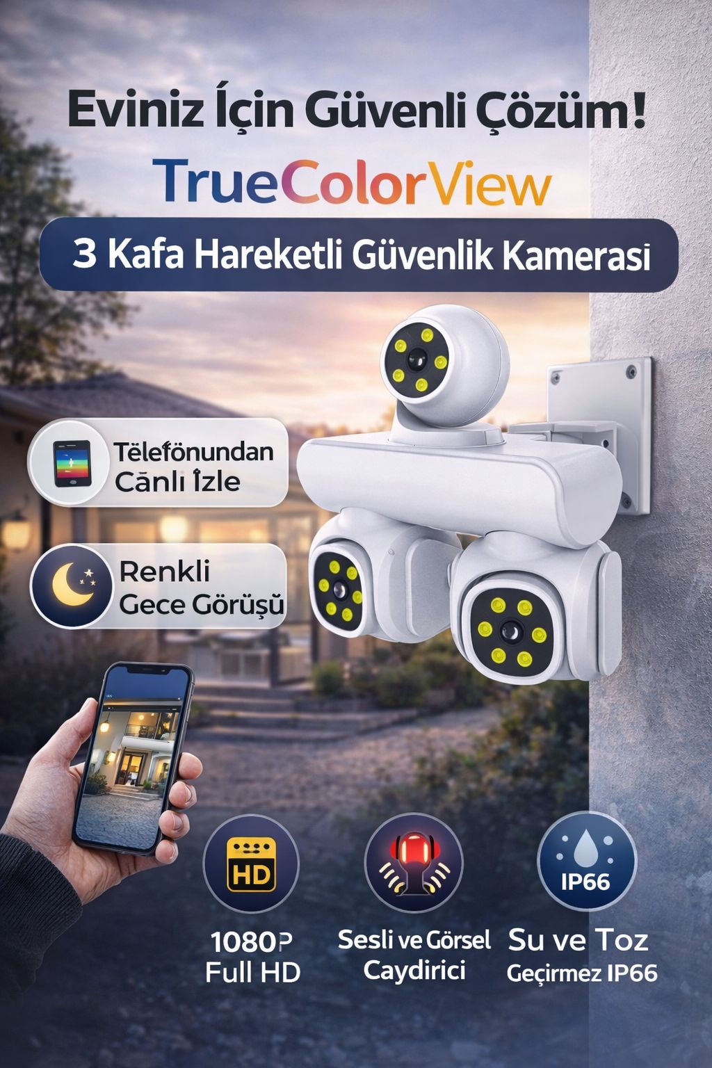 3 Lensli Akıllı Güvenlik Kamerası WiFi IP Kamera 1080P Gece Görüşlü IP66 Dış Mekan