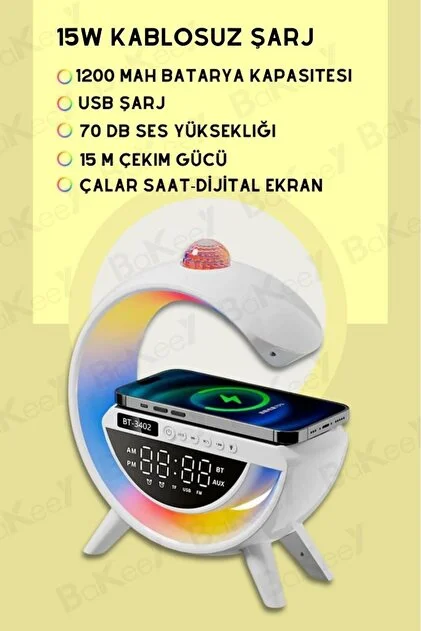 15W kablosuz şarjlı bluetooth hoparlör masa lambası ve dijital saat