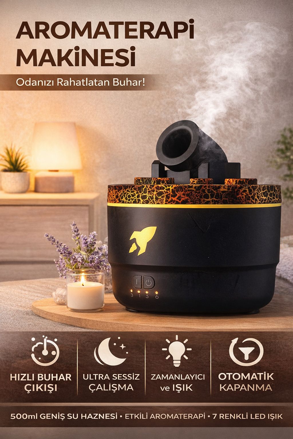 Aromaterapi Difüzör Buhar Makinesi LED Işıklı Nemlendirici 500ml Ultrasonik