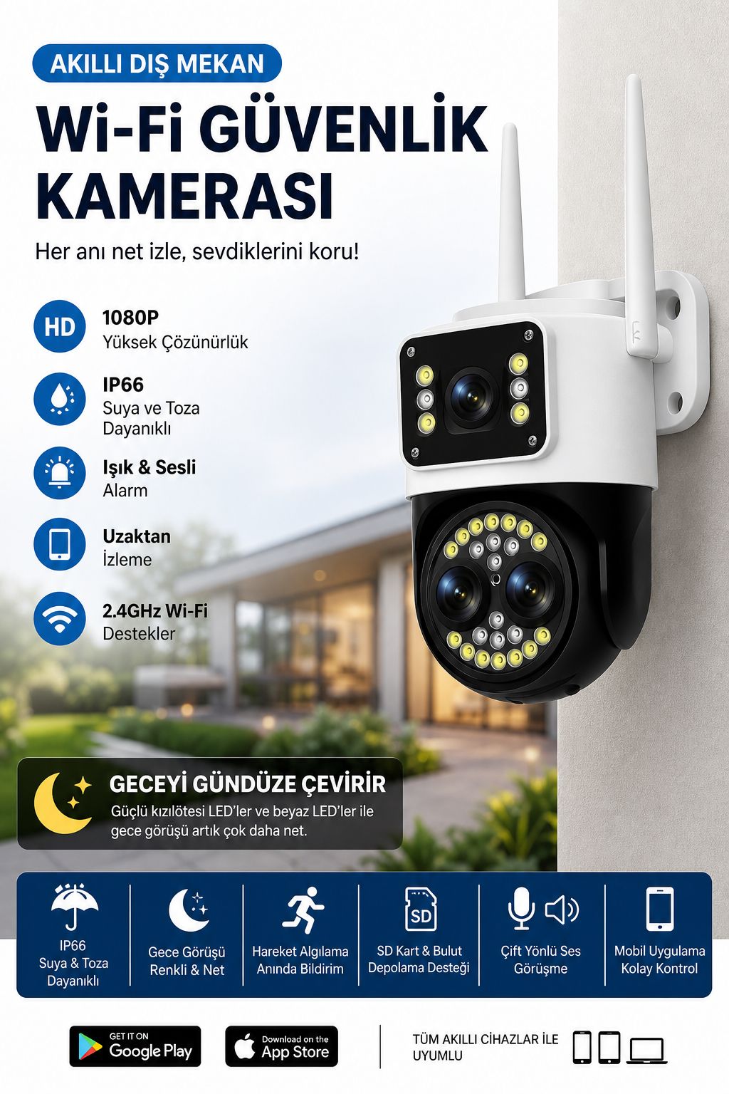 1080P WiFi Güvenlik Kamerası IP66 Gece Görüşlü Hareket Sensörlü Kamera