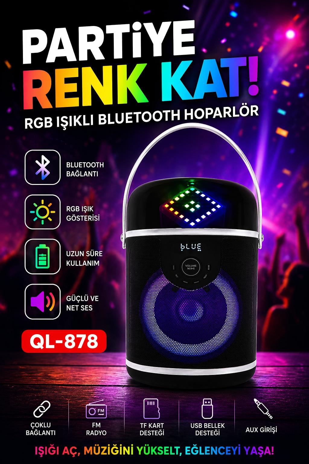 QL-878 Bluetooth Hoparlör RGB Işıklı Taşınabilir Kablosuz Speaker FM USB AUX