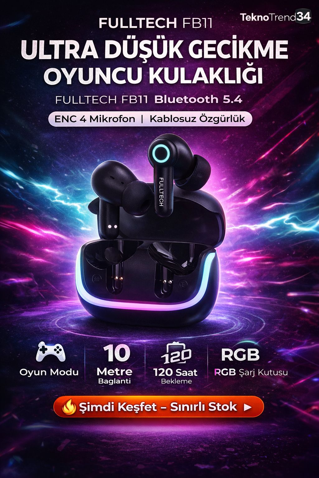 Gaming Bluetooth Kulaklık Düşük Gecikme TWS Kablosuz RGB Işıklı Oyuncu Kulaklığı