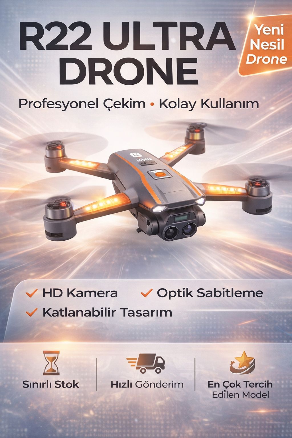 R22 Ultra Drone HD Kamera Optik Sabitleme Katlanabilir Uzaktan Kumandalı Drone