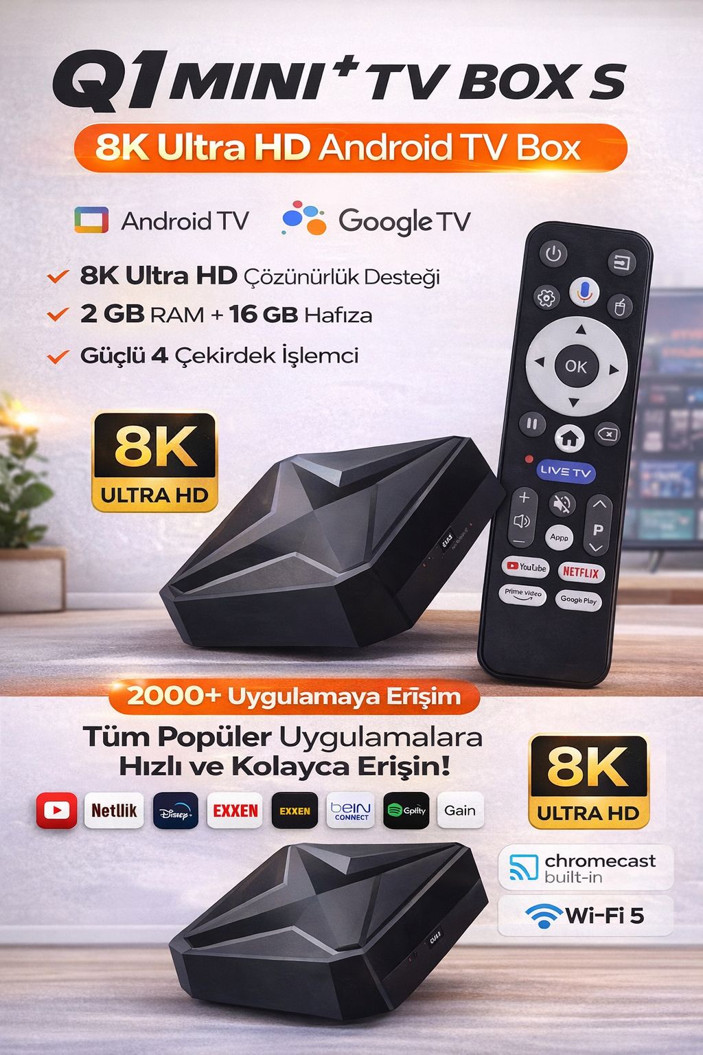 Android TV Box 8K Ultra HD Smart TV Box Google TV 2GB 16GB WiFi Chromecast Destekli