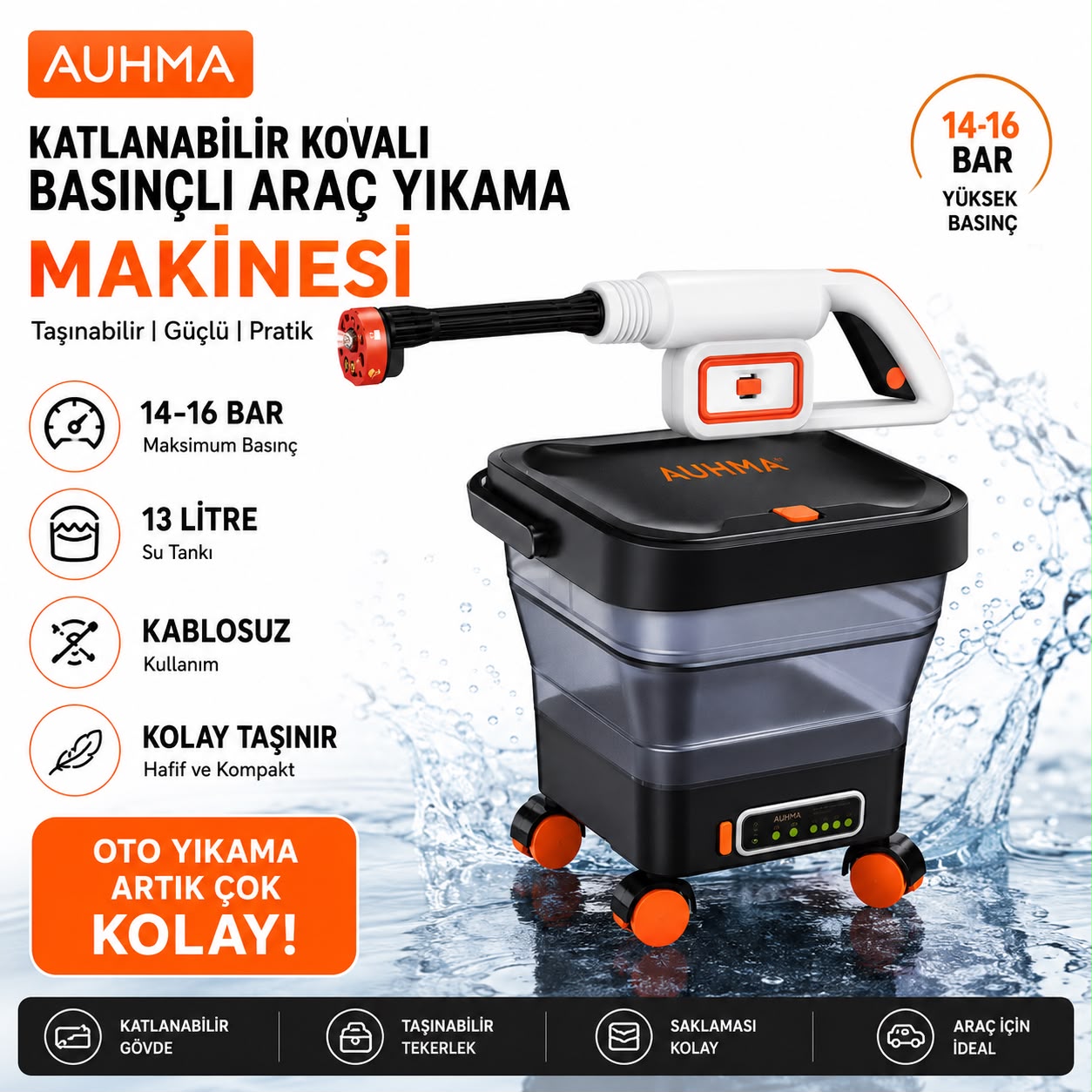 AUHMA Şarjlı Basınçlı Araç Yıkama Makinesi 13L Katlanabilir Kovalı 16 Bar Oto Yıkama Seti