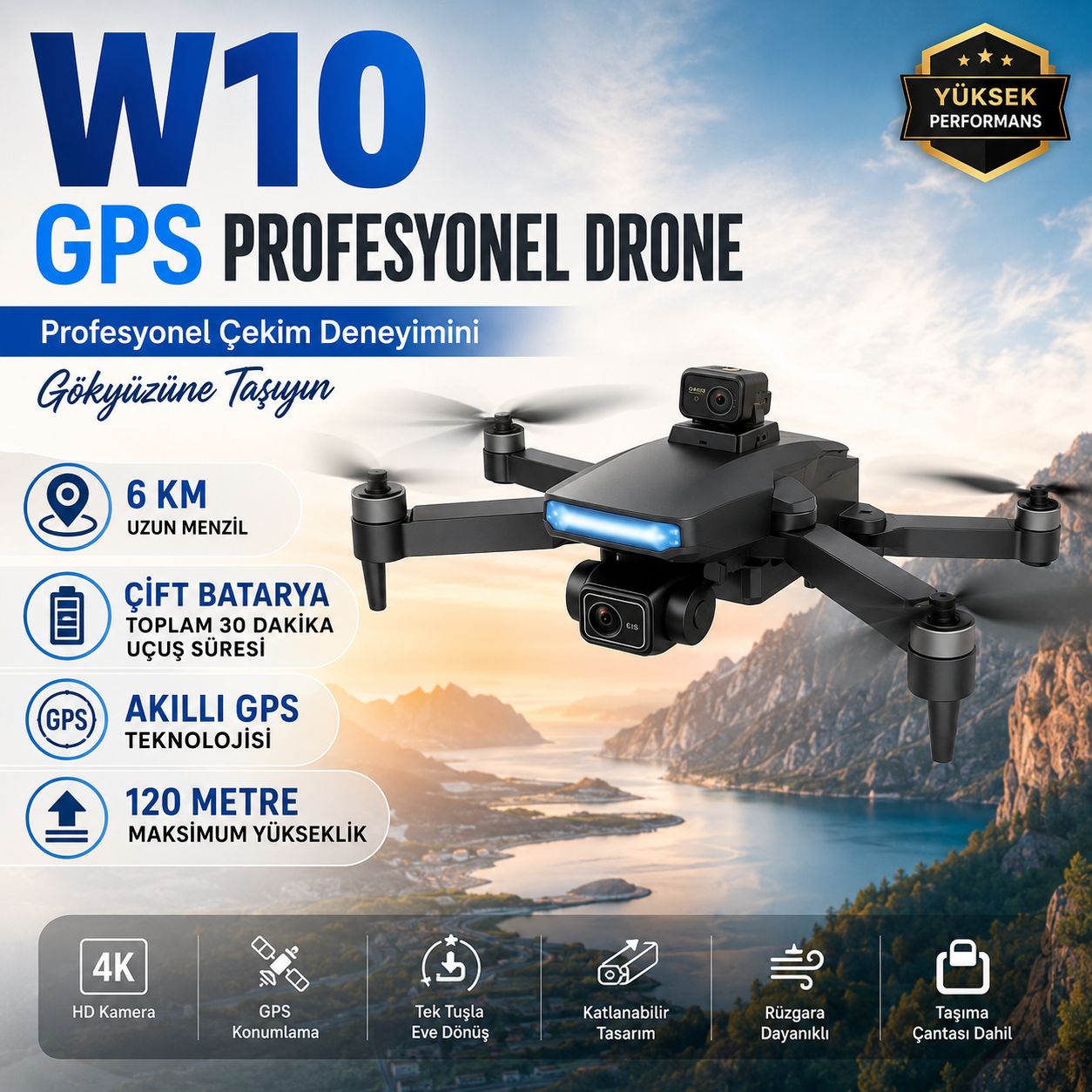 W10 GPS Drone 4K Kameralı Profesyonel Drone 6 KM Menzilli Çift Bataryalı Katlanabilir