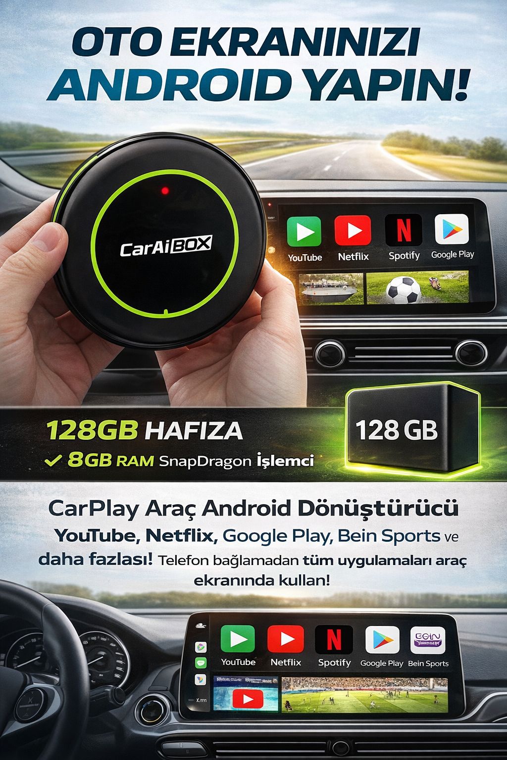 CarPlay Android Box 128GB 8GB RAM Araç Multimedya YouTube Netflix Google Play